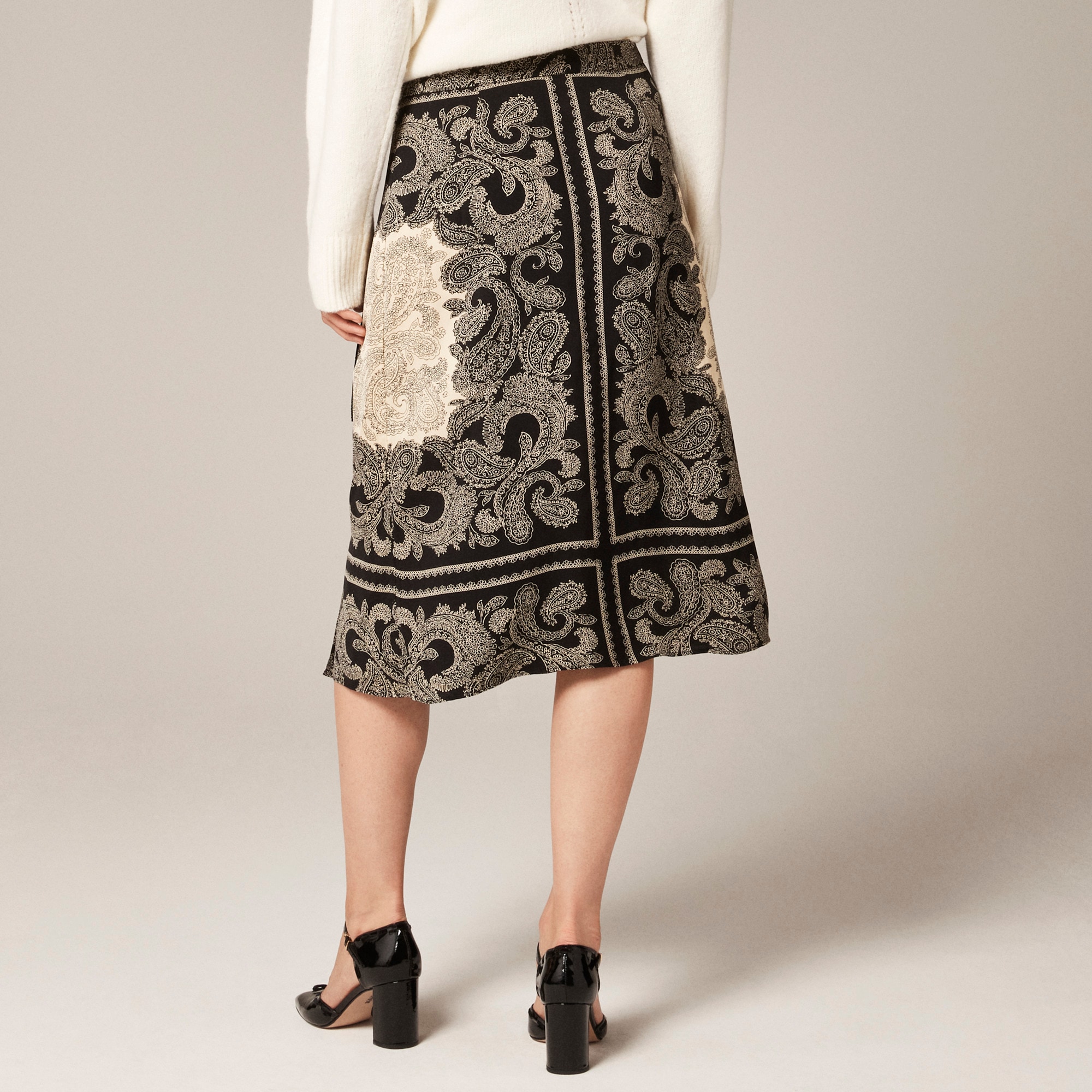 Pleated wrap skirt in paisley scarf print