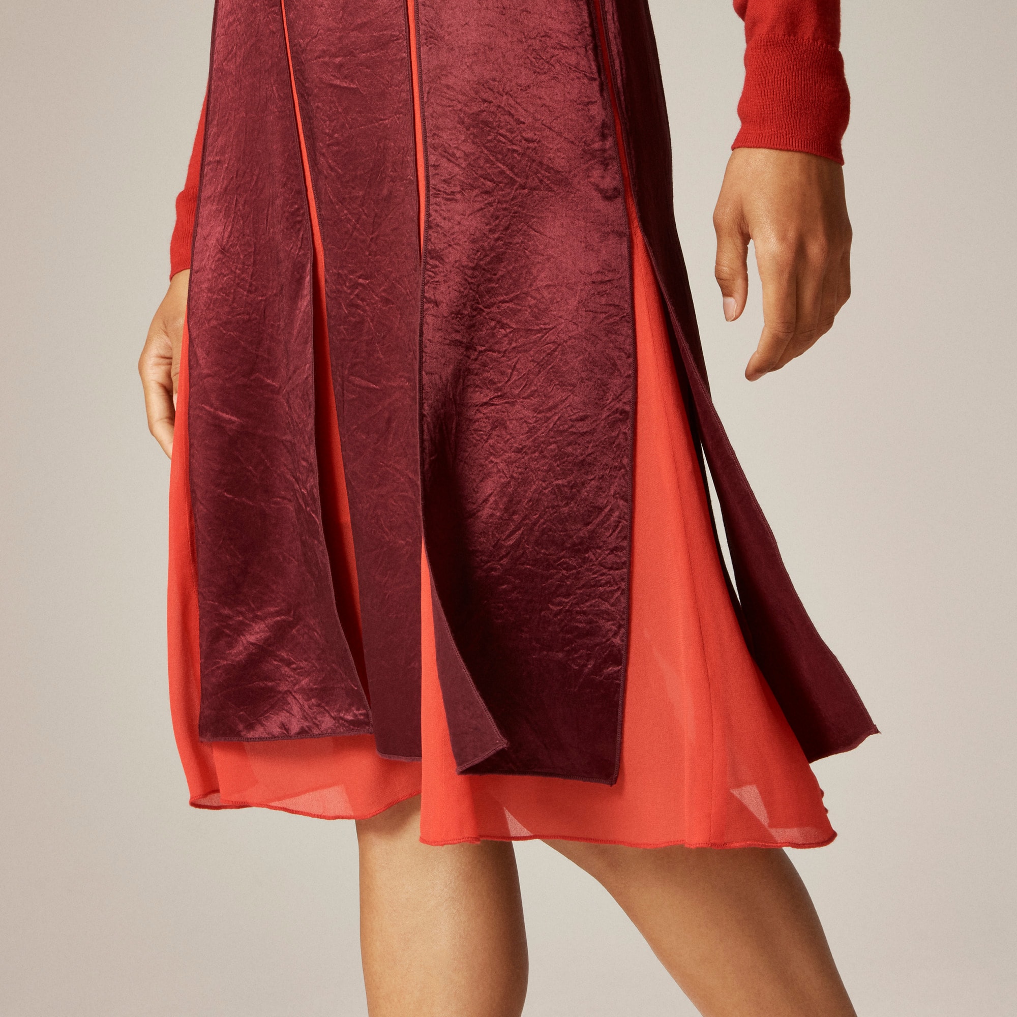 Paneled midi slip skirt in textured satin chiffon