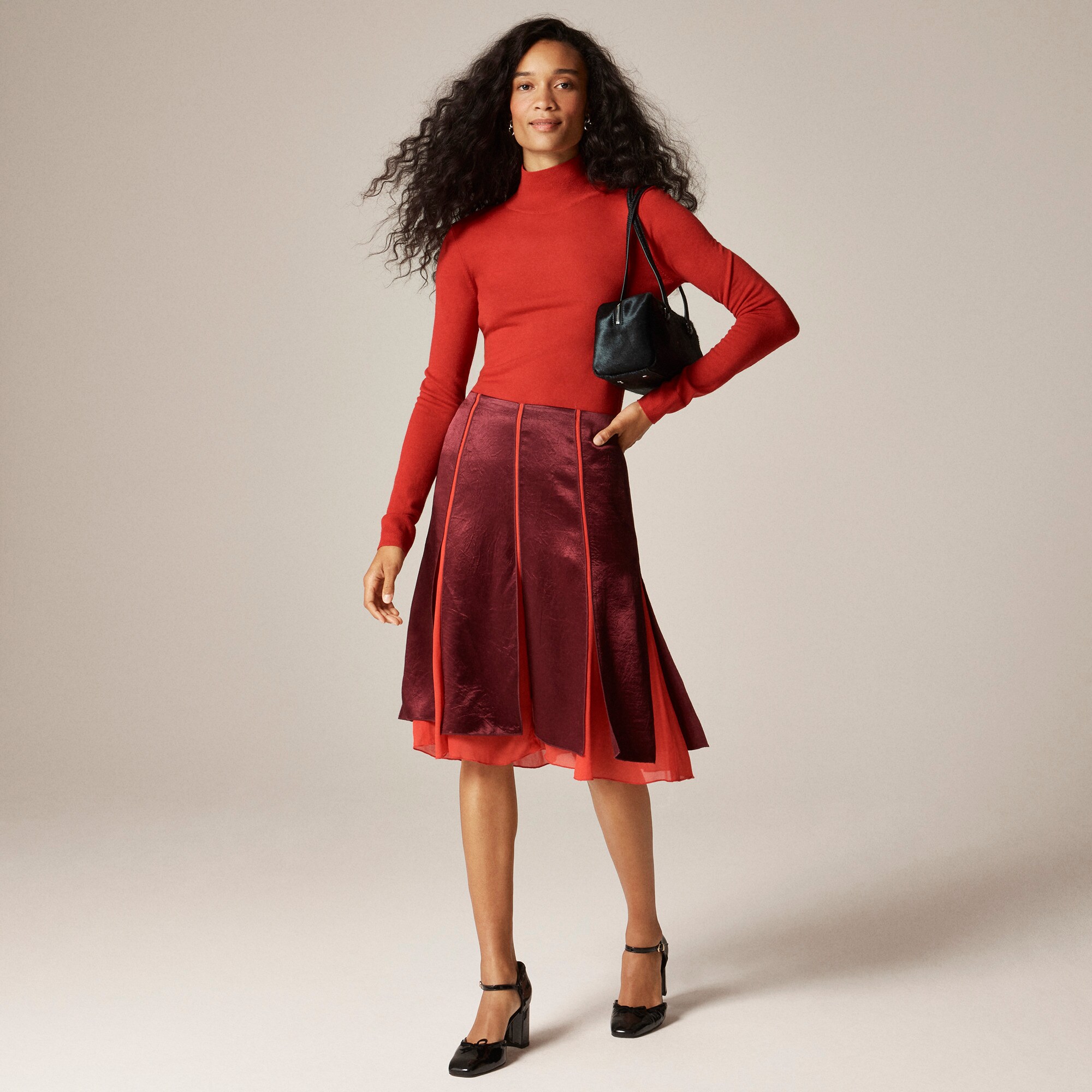 Paneled midi slip skirt in textured satin chiffon