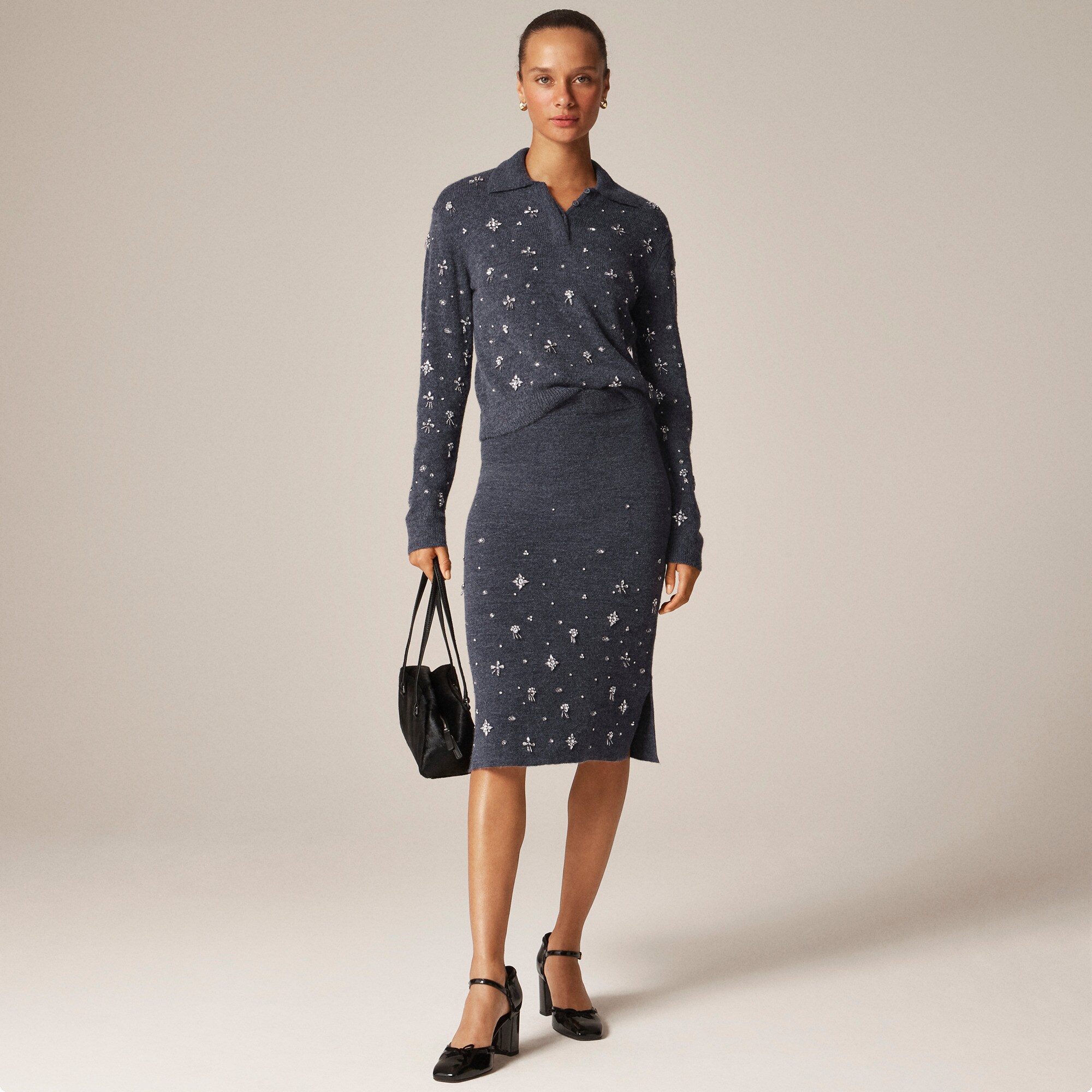 Collection wool-blend midi skirt with crystal embellishments