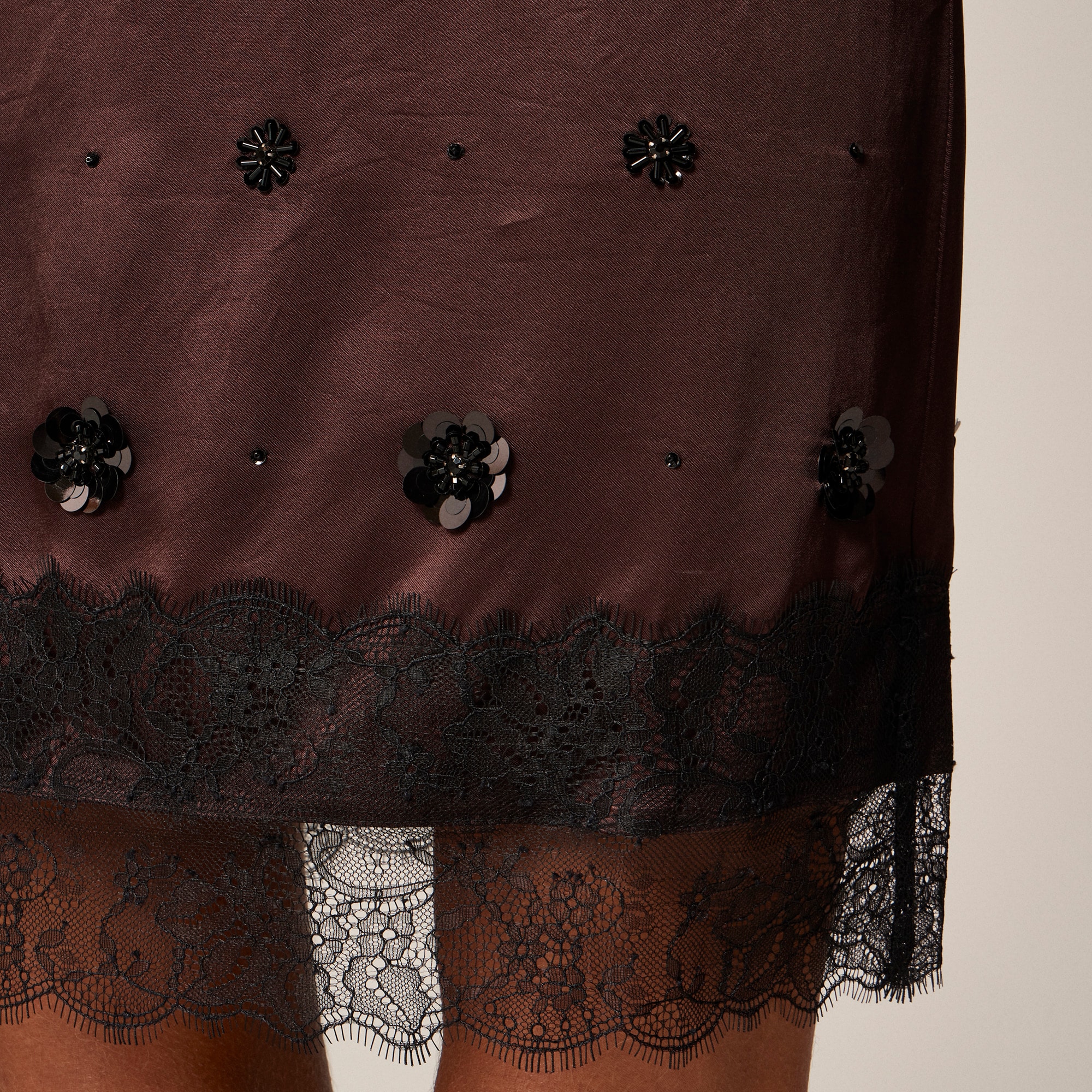 Collection embellished lace-trim mini skirt in luster charmeuse