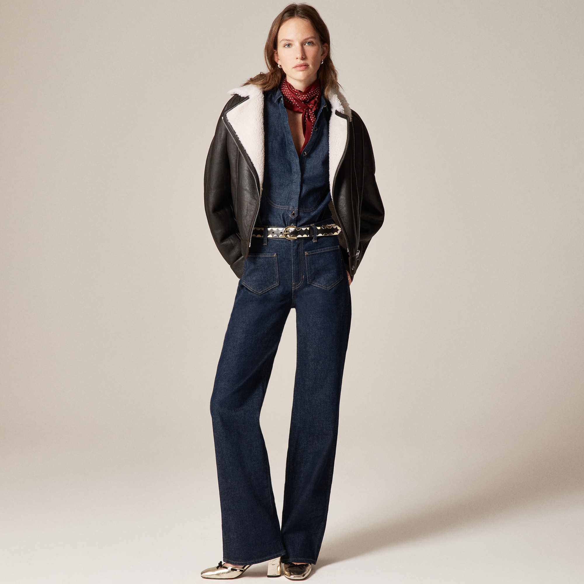  Full-length slim-wide jean with patch pockets