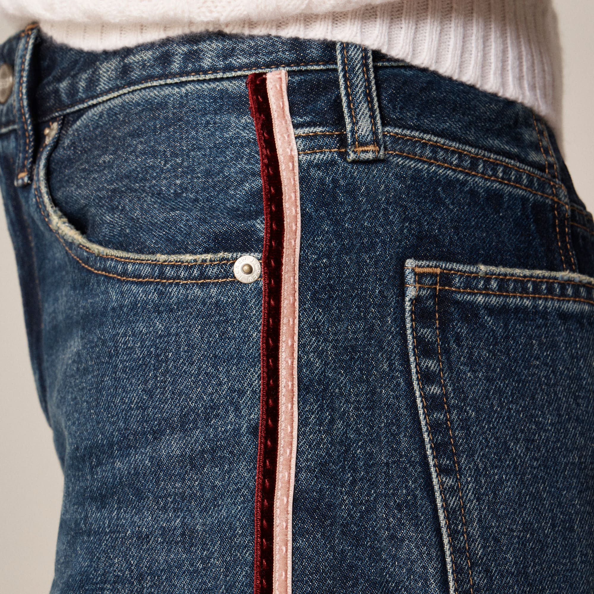 Mid-rise relaxed straight jean with velvet stripe