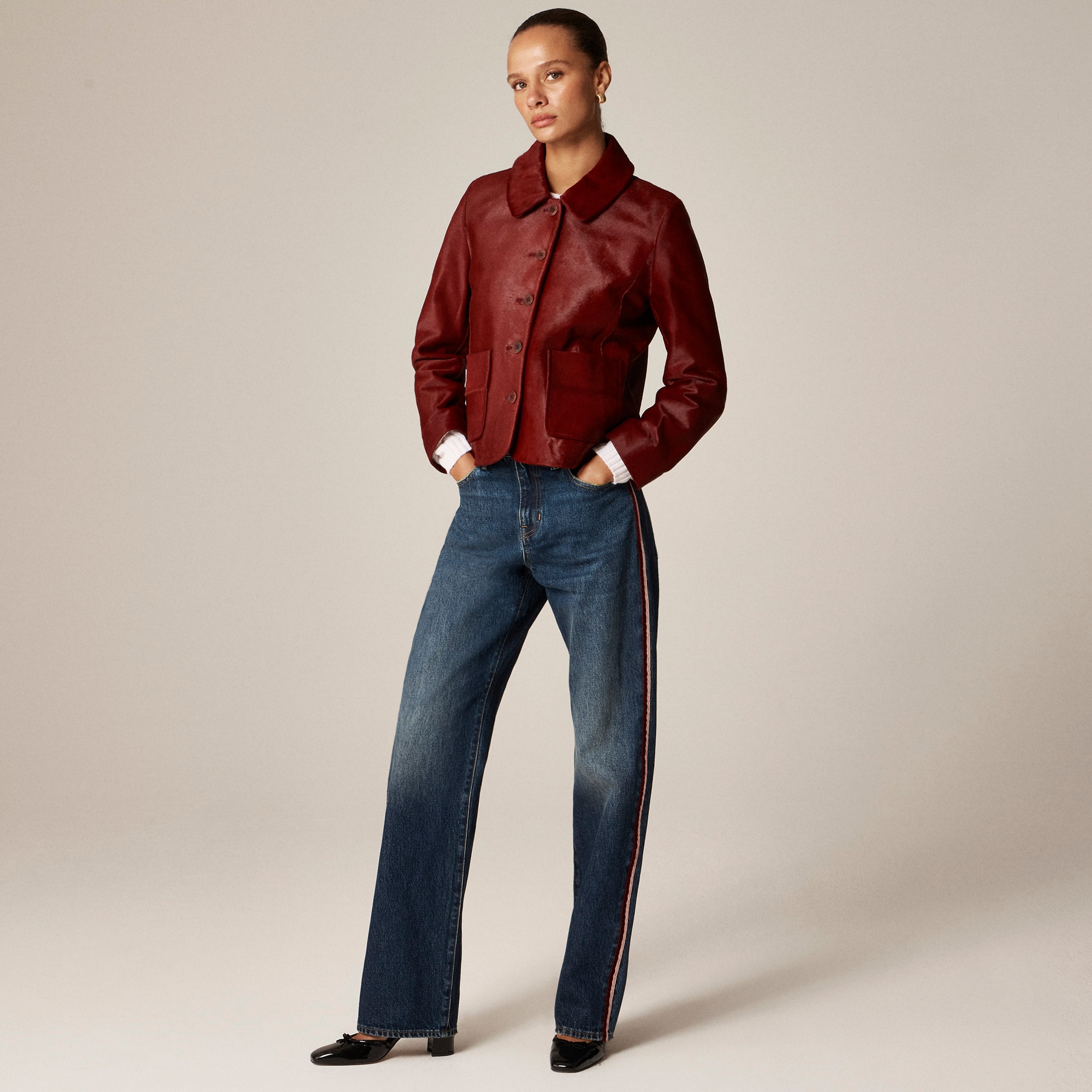 Mid-rise relaxed straight jean with velvet stripe