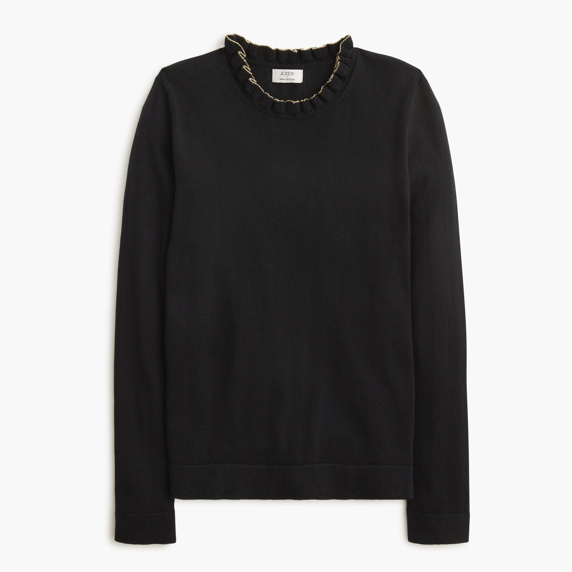 Cotton ruffleneck sweater with metallic trim