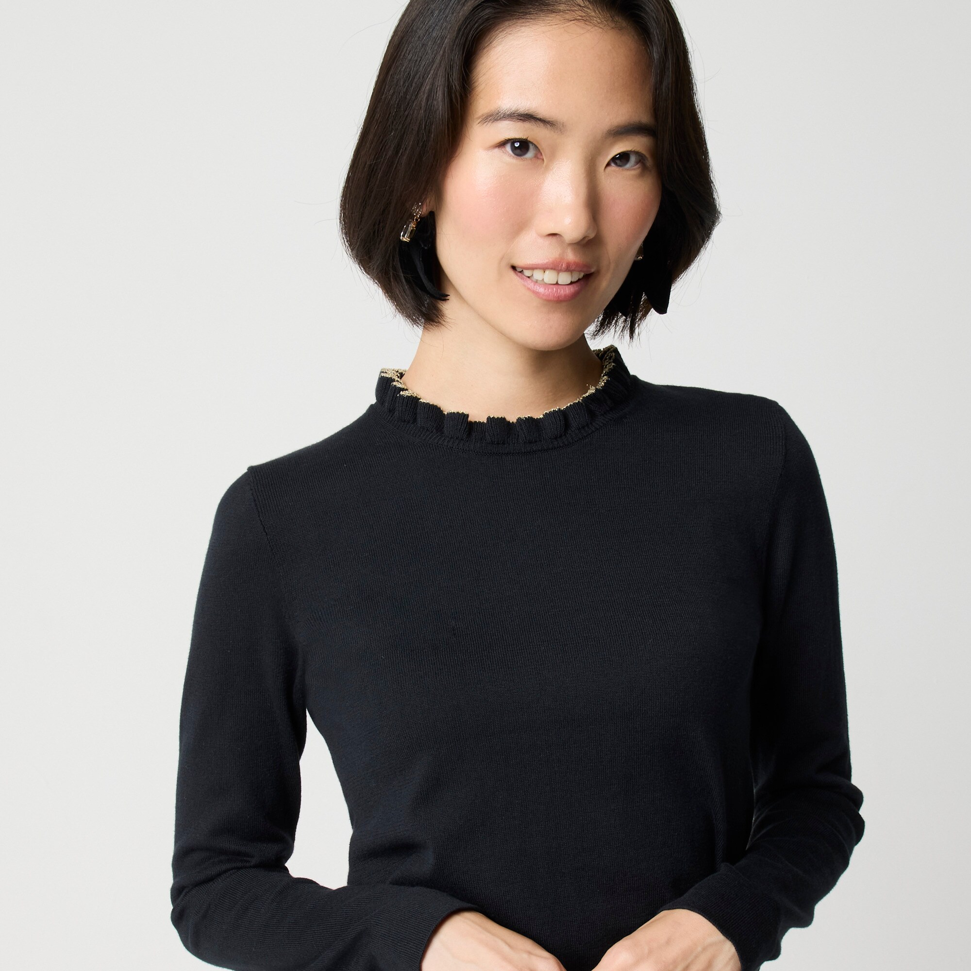 Cotton ruffleneck sweater with metallic trim