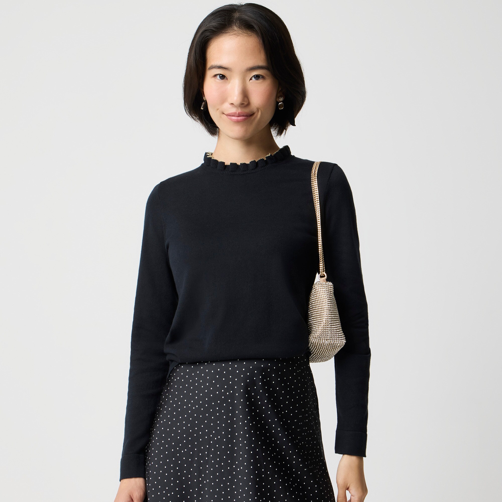 Cotton ruffleneck sweater with metallic trim