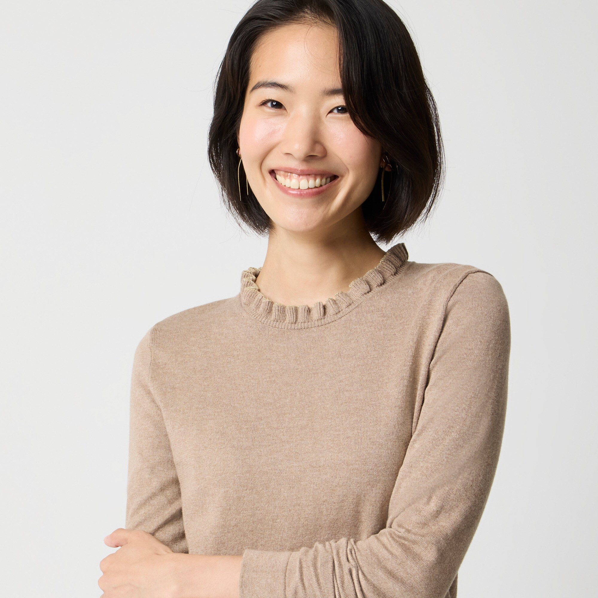 Cotton ruffleneck sweater with metallic trim