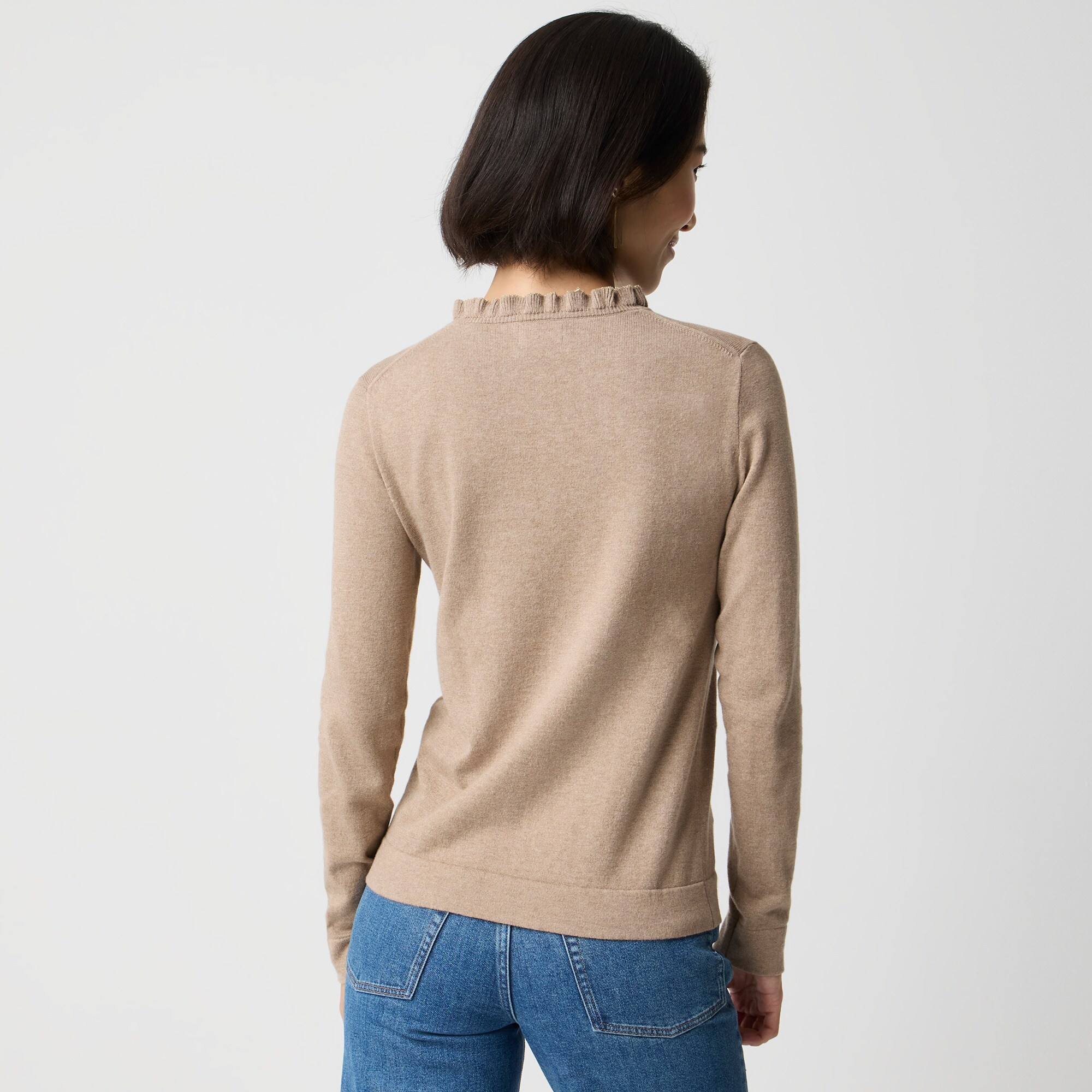 Cotton ruffleneck sweater with metallic trim