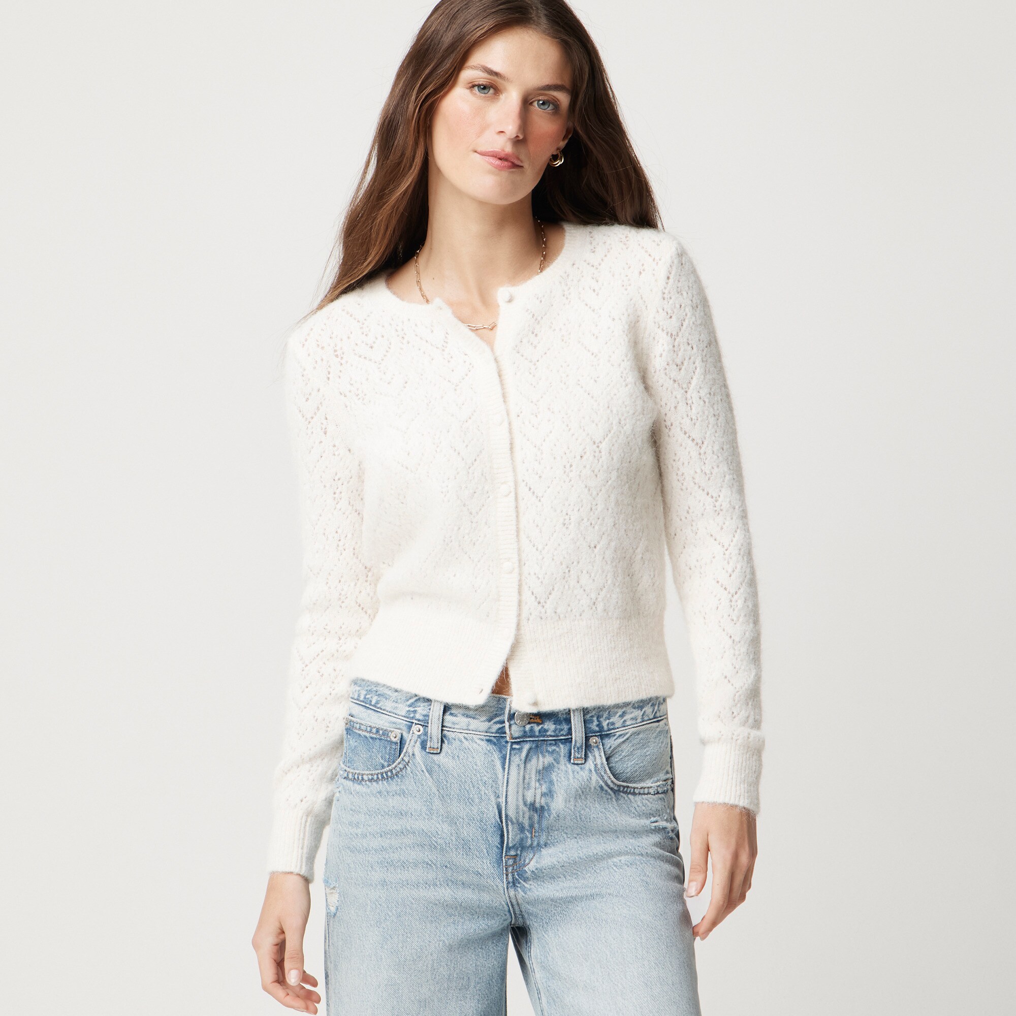 womens Pointelle heart cardigan sweater