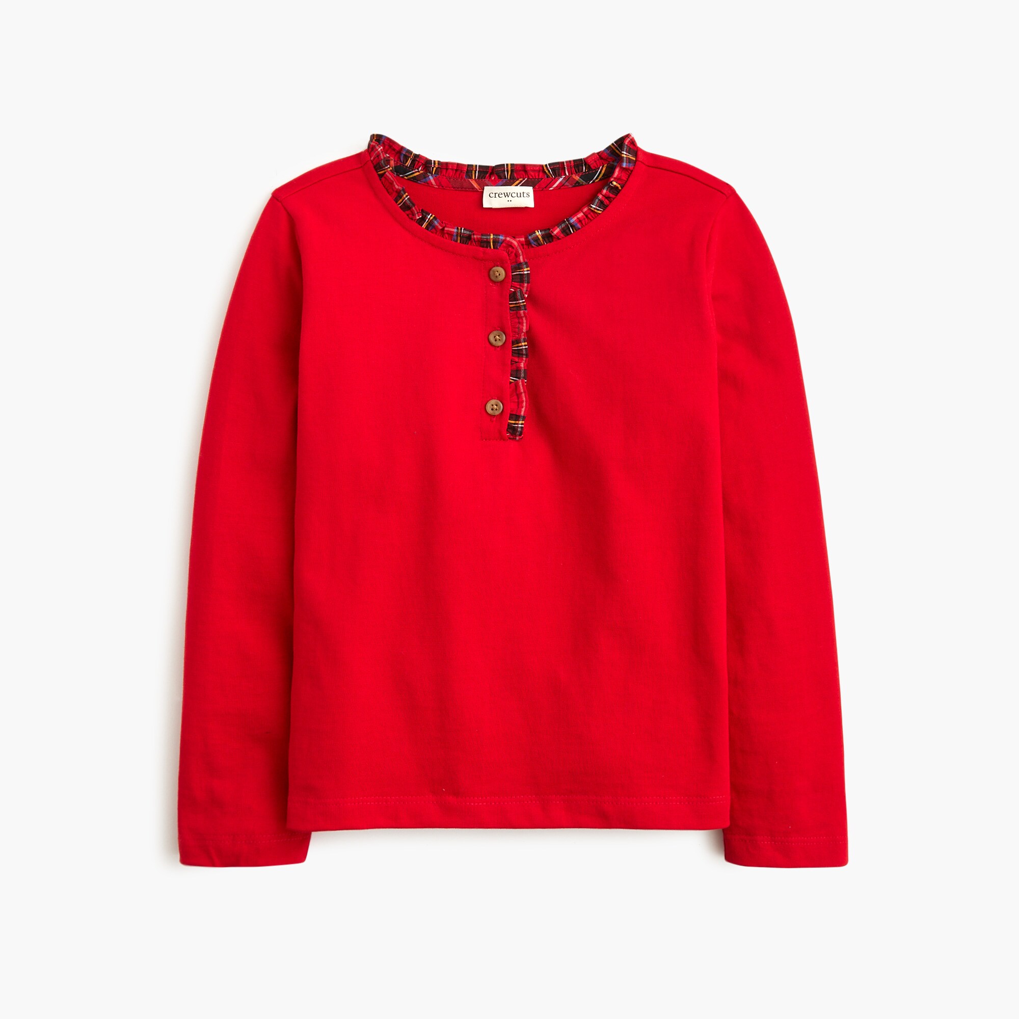  Girls' long-sleeve ruffle tartan henley tee