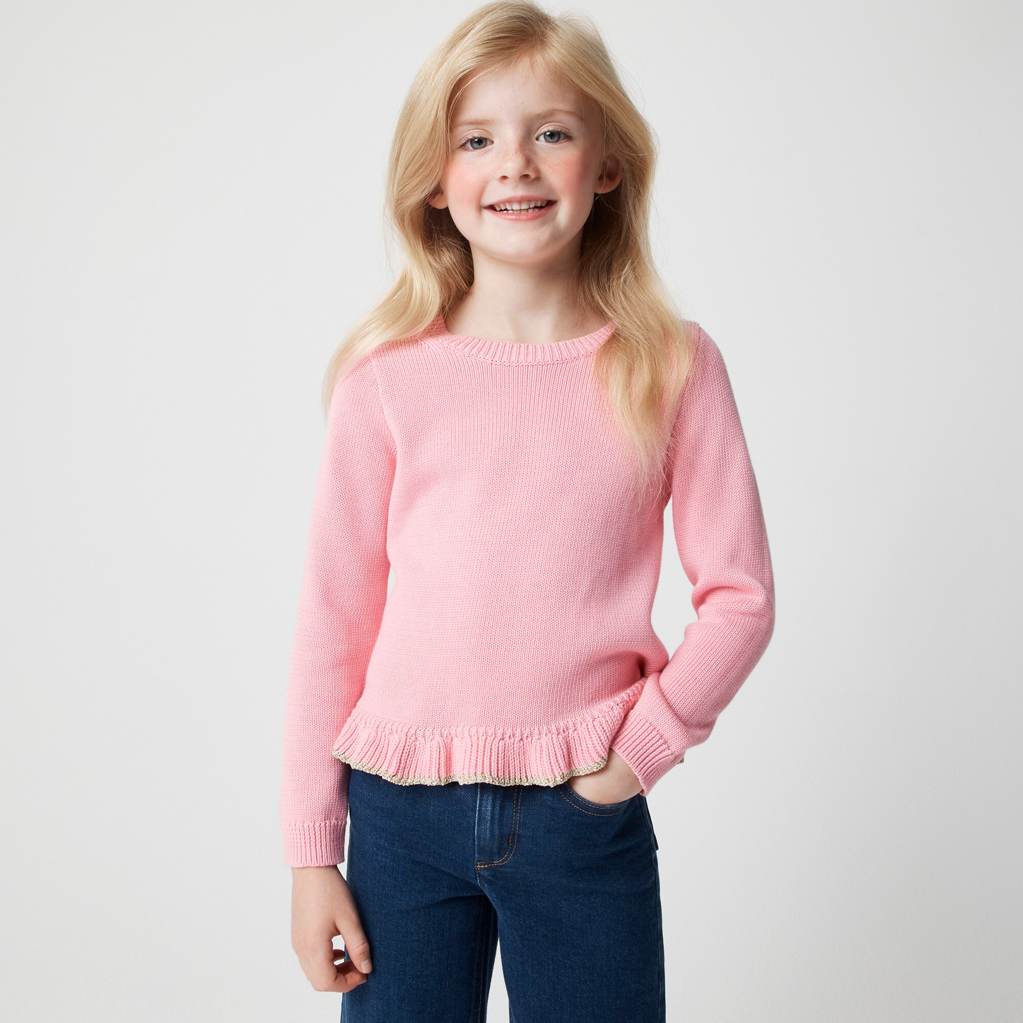 Girls' ruffle-hem sweater with metallic trim