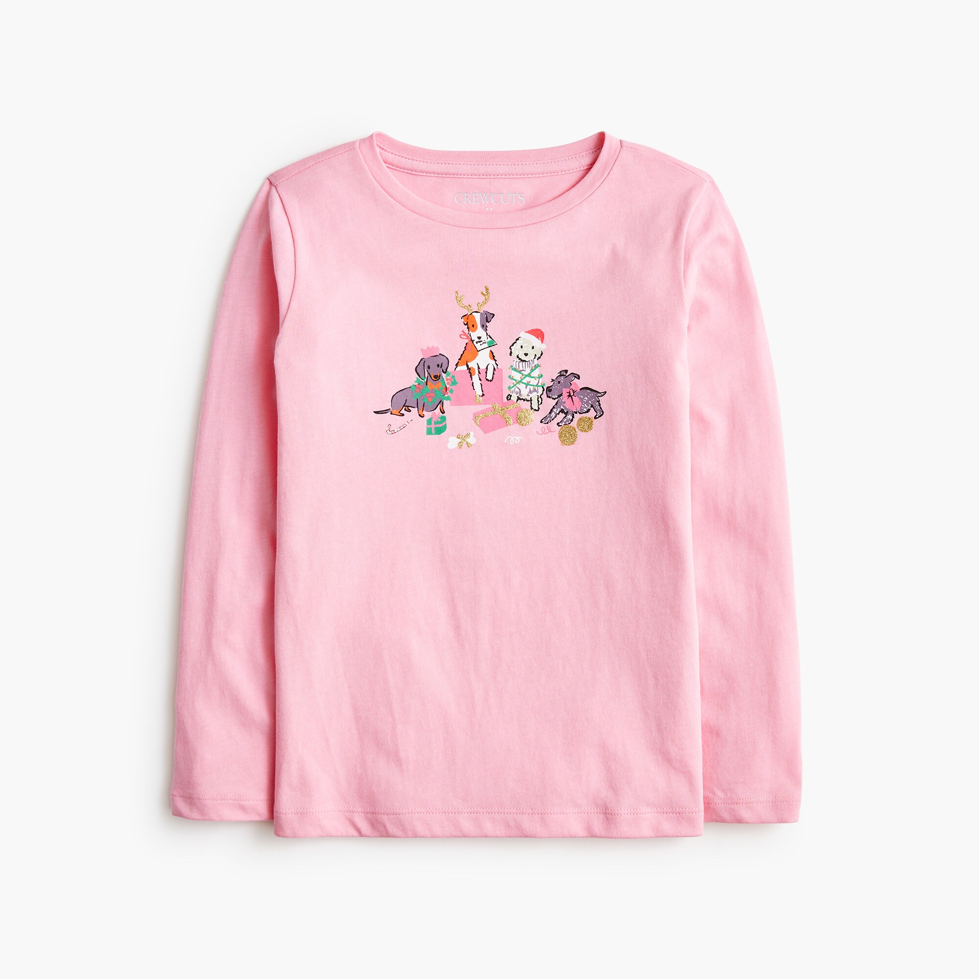 Girls' long-sleeve glitter holiday dogs graphic tee