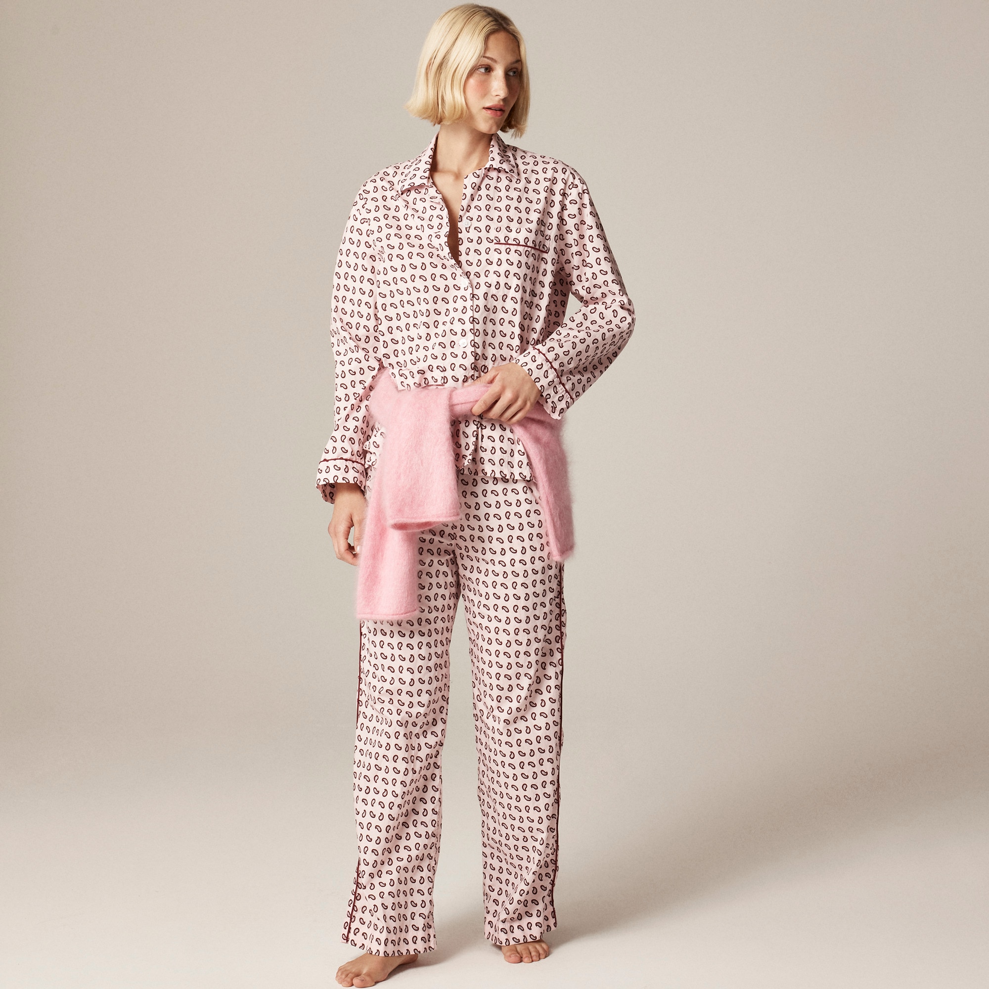  Cotton poplin long-sleeve pajama pant set in paisley print