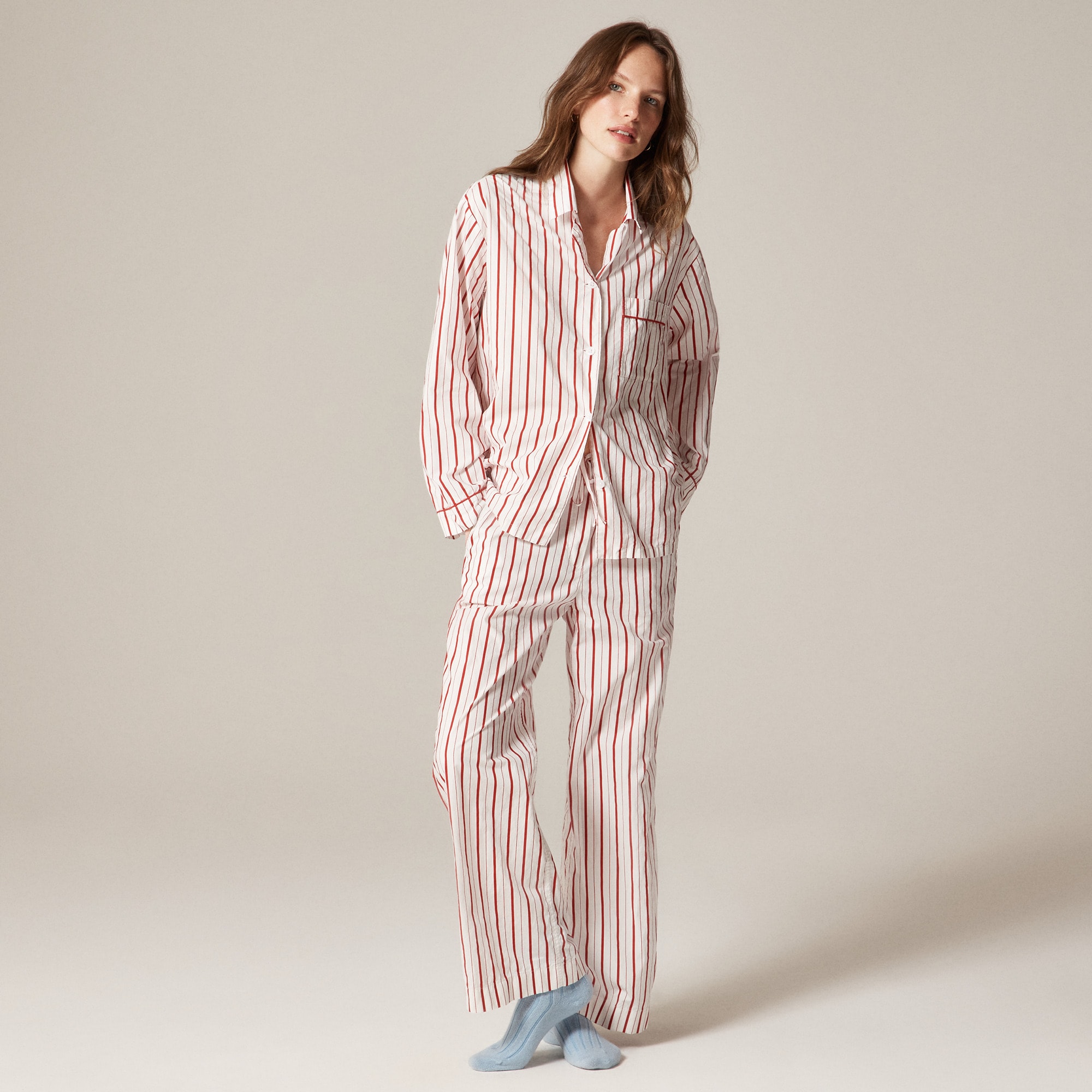 Cotton poplin long-sleeve pajama pant set in peppermint stripe