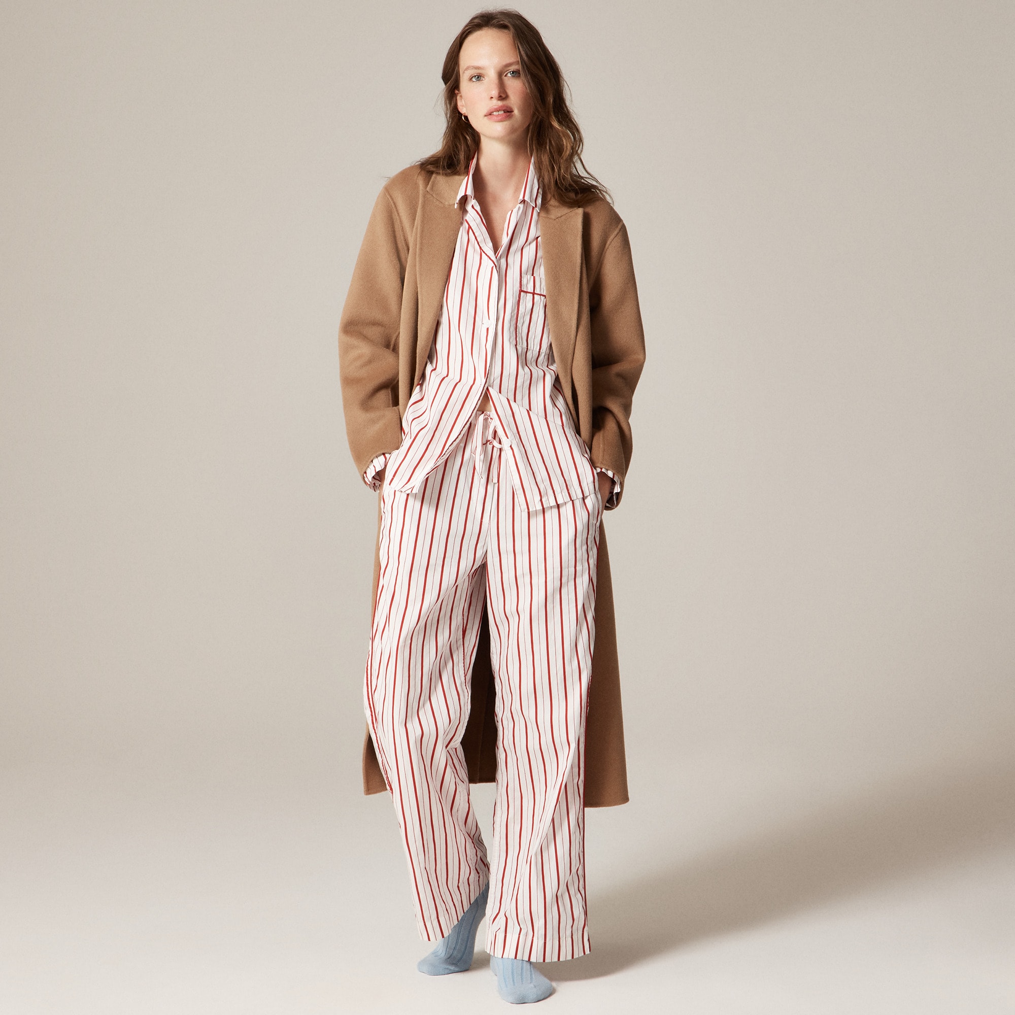 womens Cotton poplin long-sleeve pajama pant set in peppermint stripe