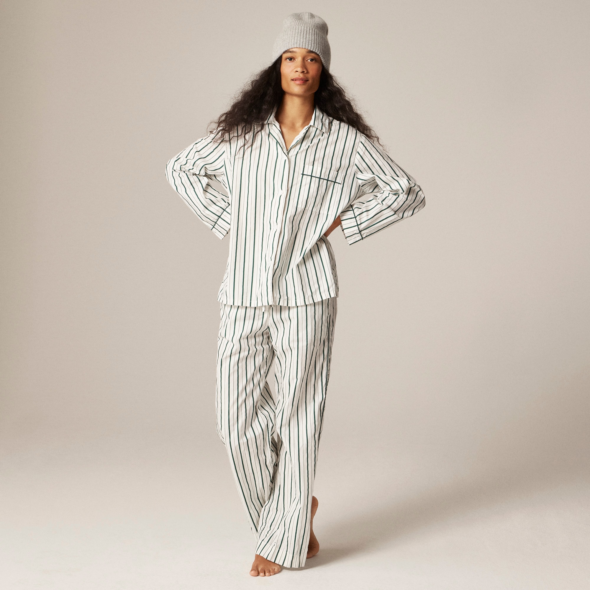  Cotton poplin long-sleeve pajama pant set in peppermint stripe