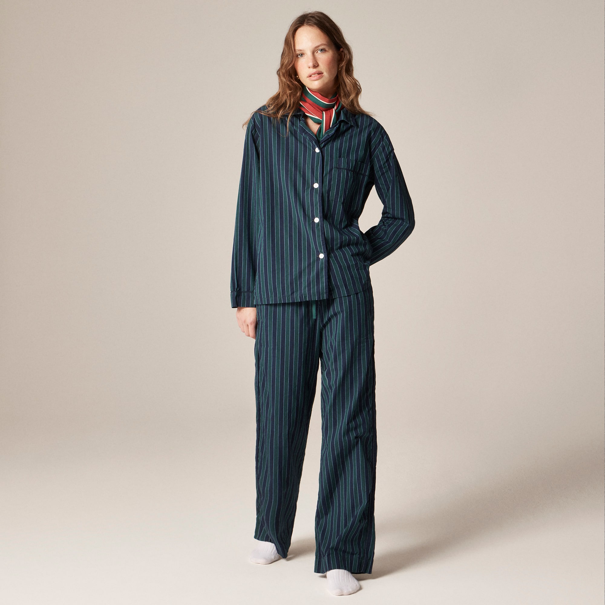 Cotton poplin long-sleeve pajama pant set in peppermint stripe