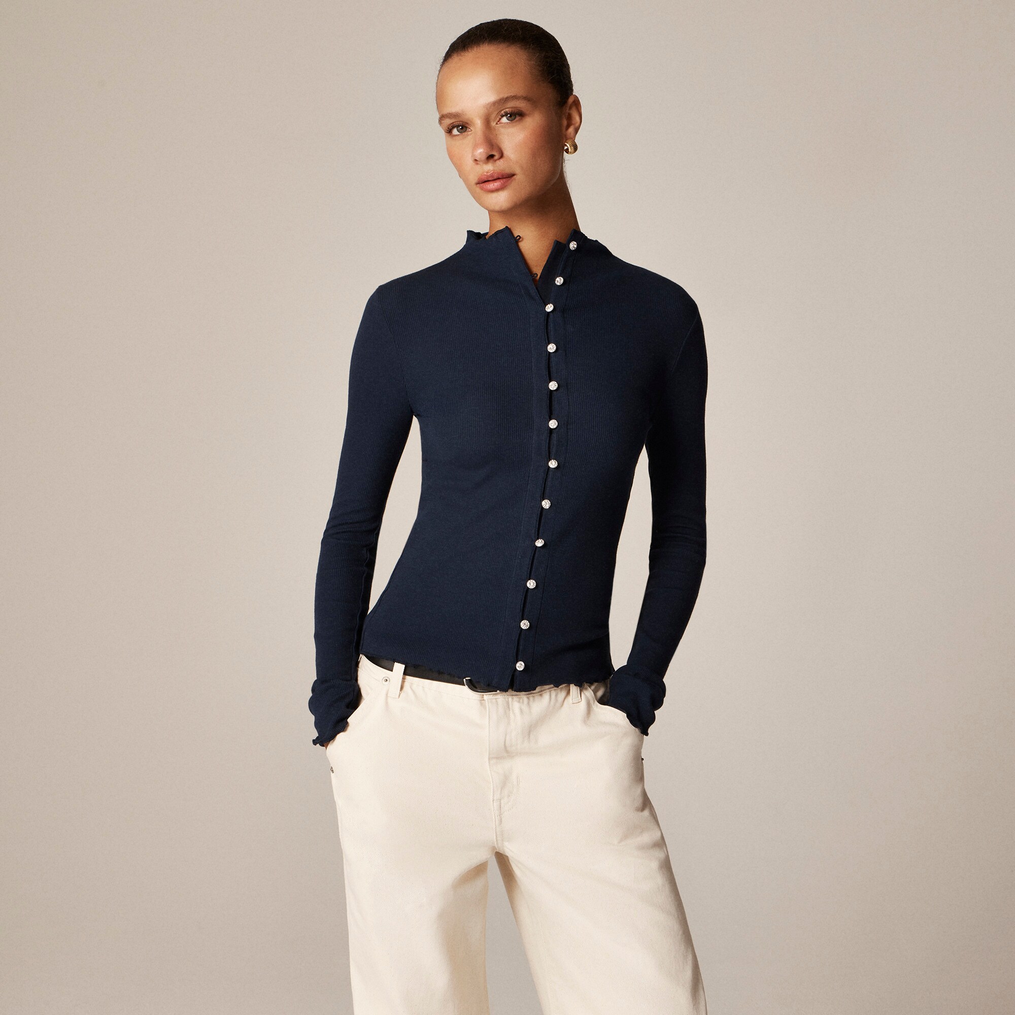 Perfect rib cardigan top with jewel buttons