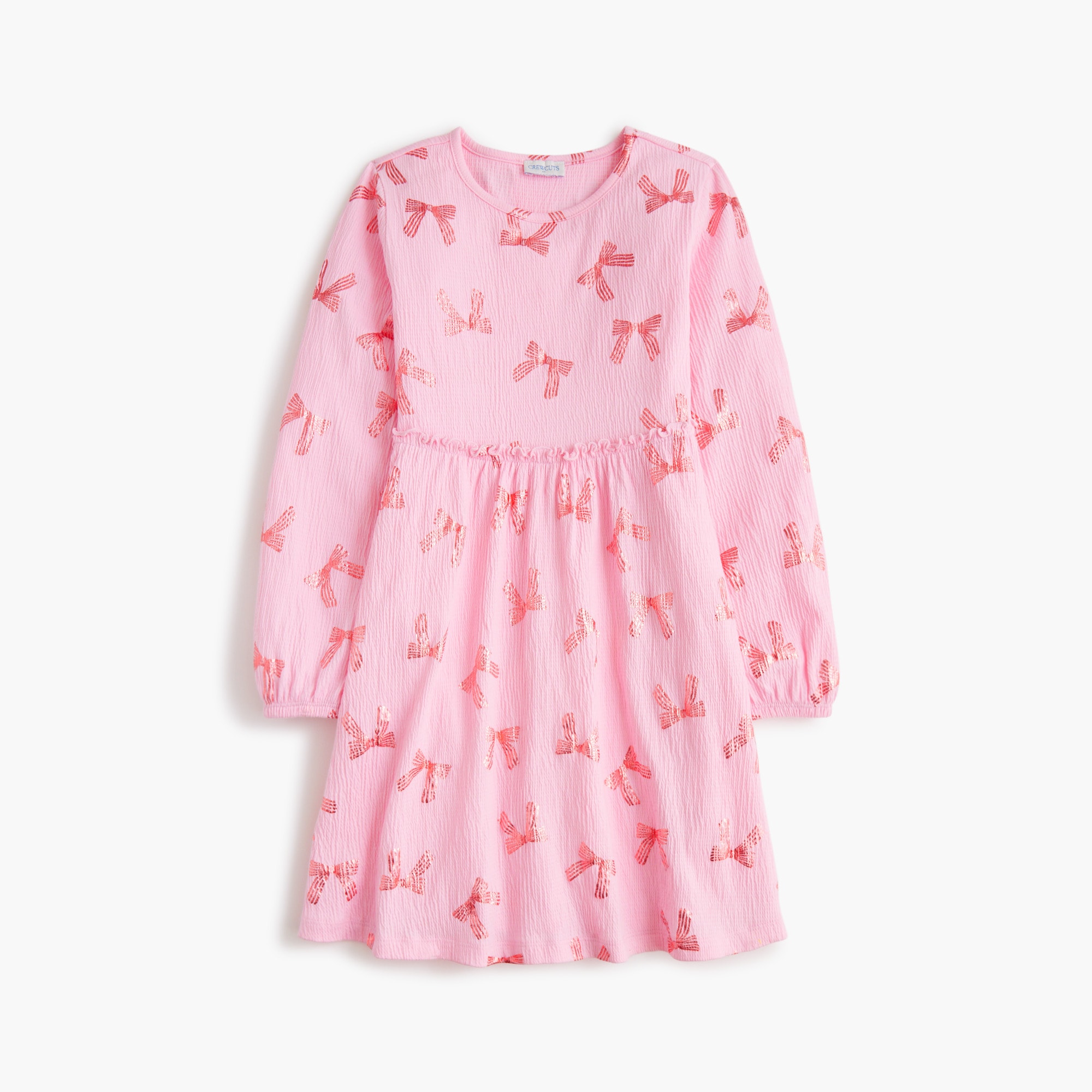 Girls' crinkle-knit shiny bow dress