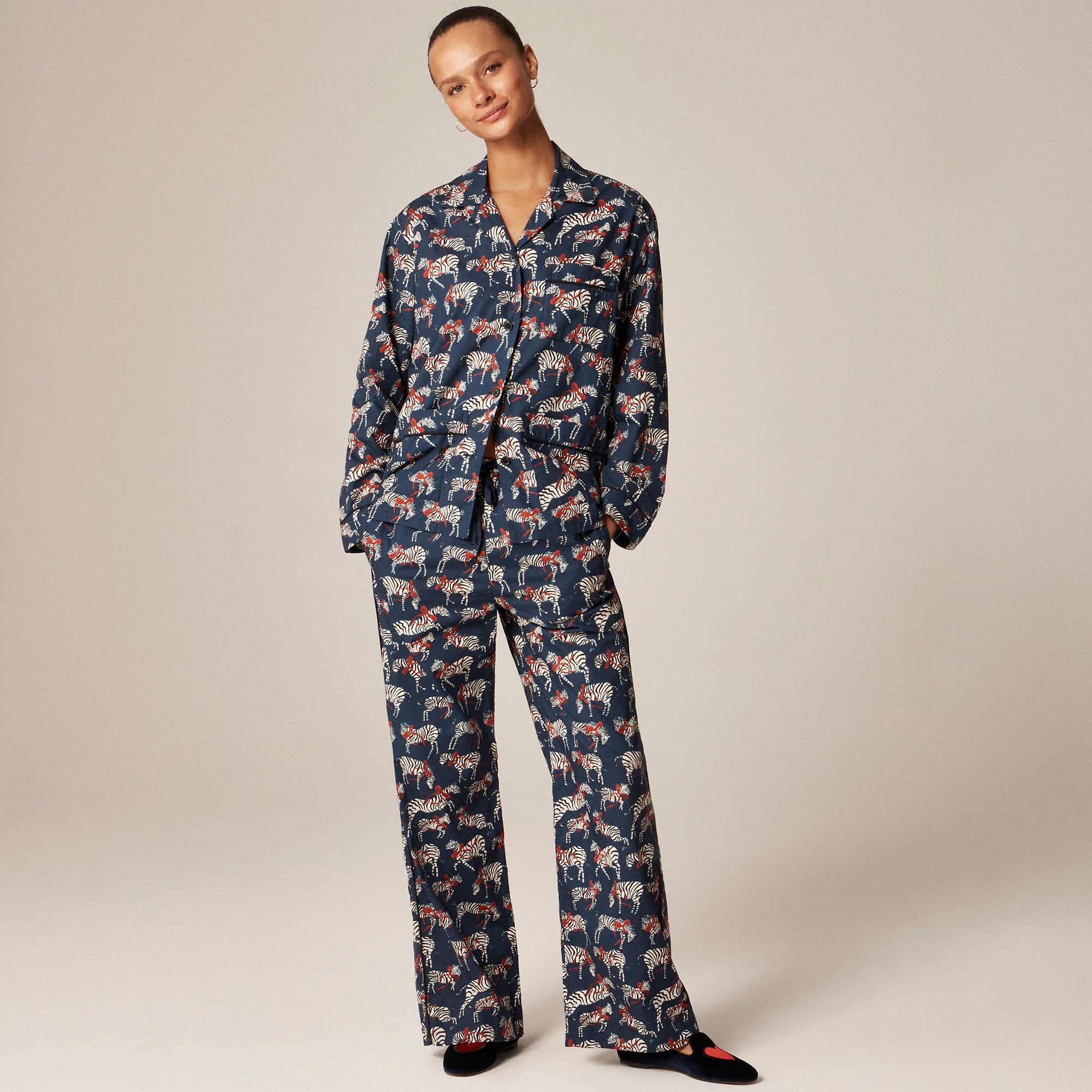 womens Cotton poplin pajama pant set in party animal print