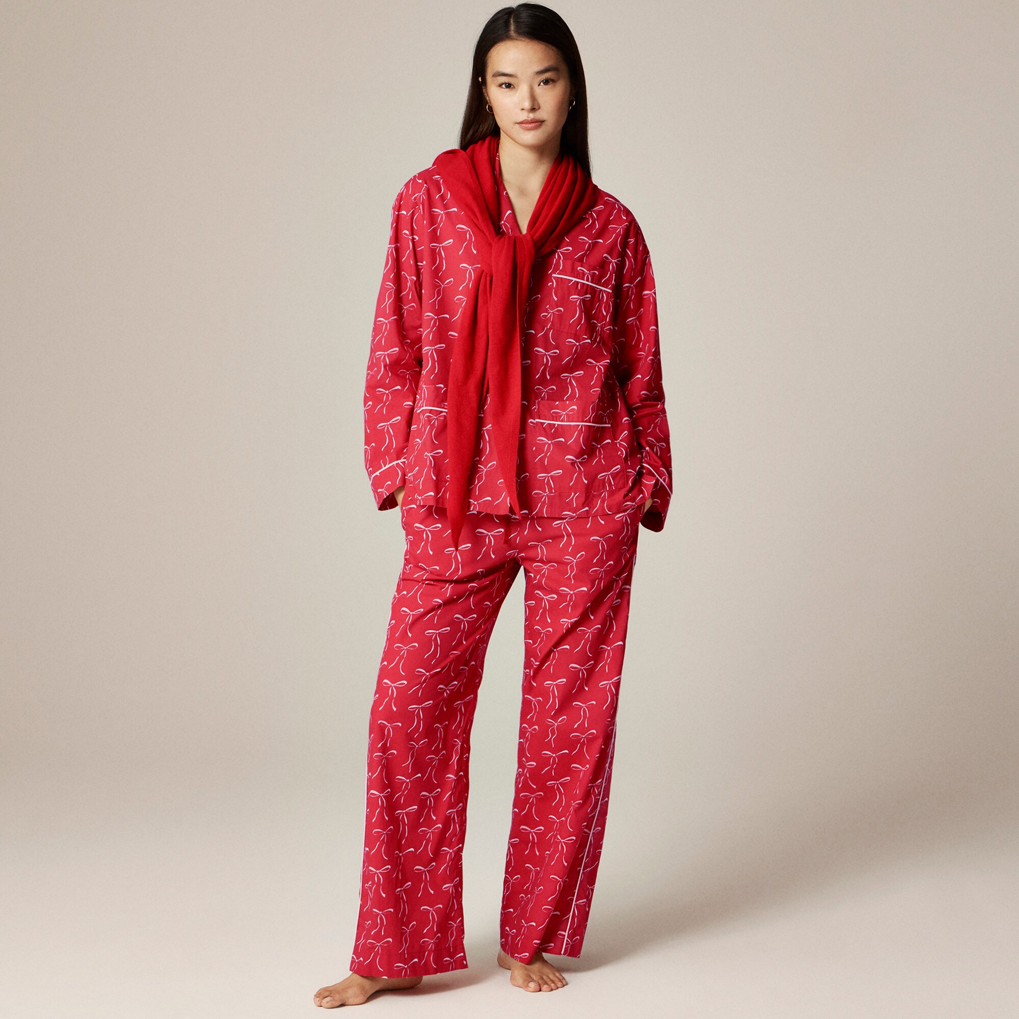 womens Cotton poplin pajama pant set in vintage bow print