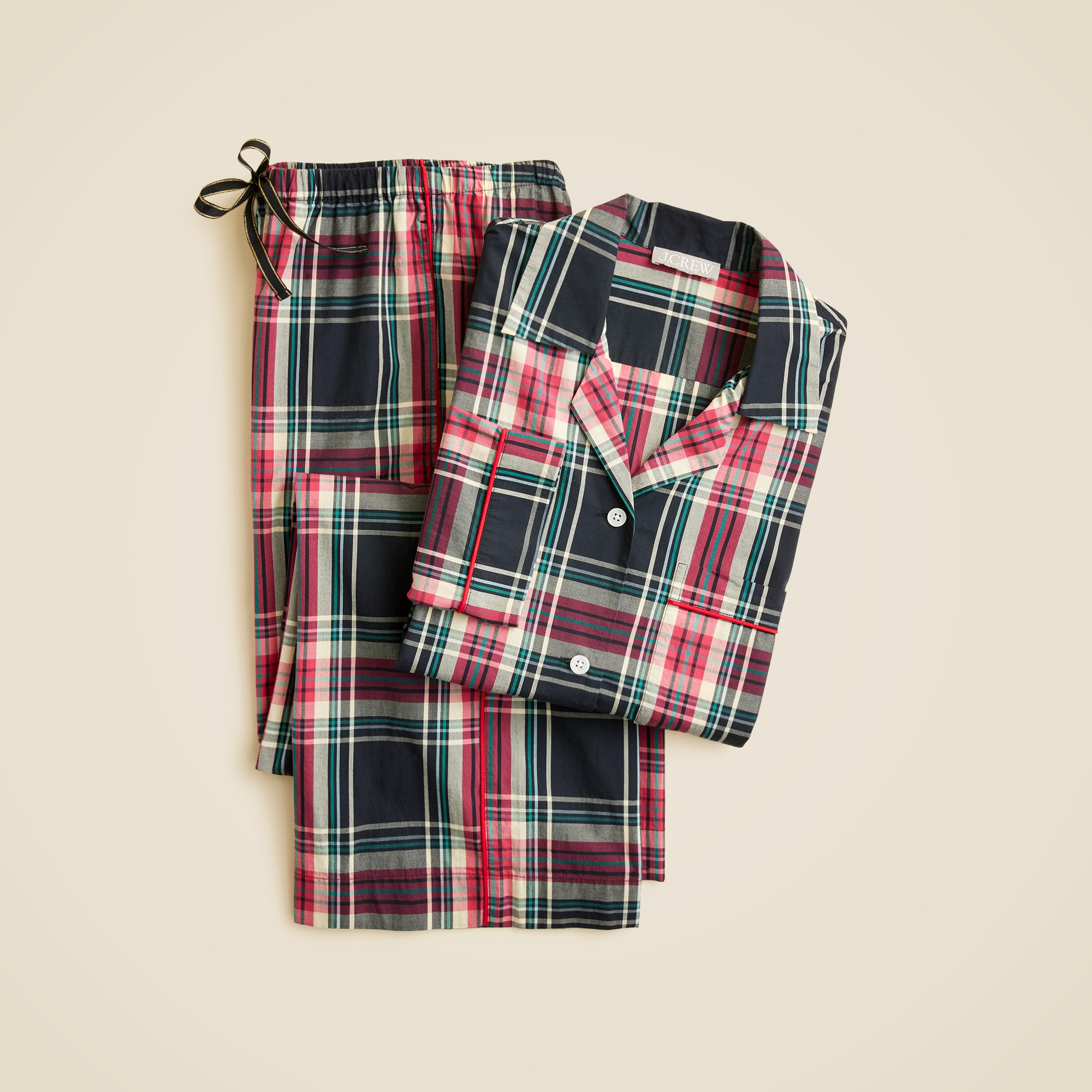 Cotton poplin long-sleeve pajama pant set in Stewart tartan