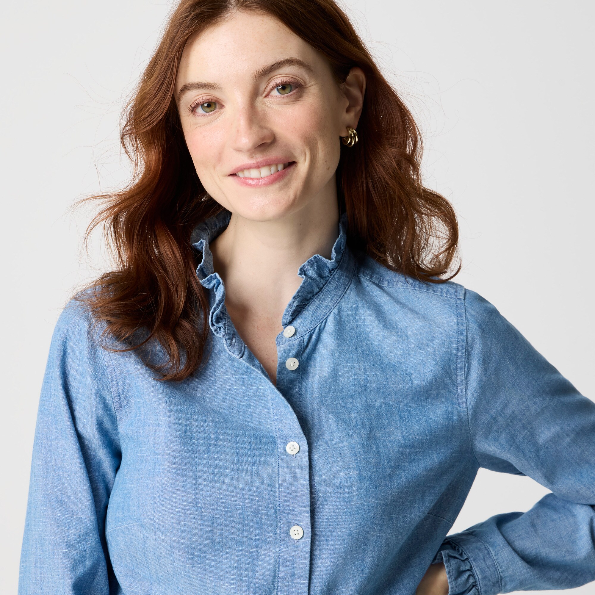 Women's Chambray Ruffle Button-Down Top (Vista Blue Wash, Size Small) J.Crew Factory