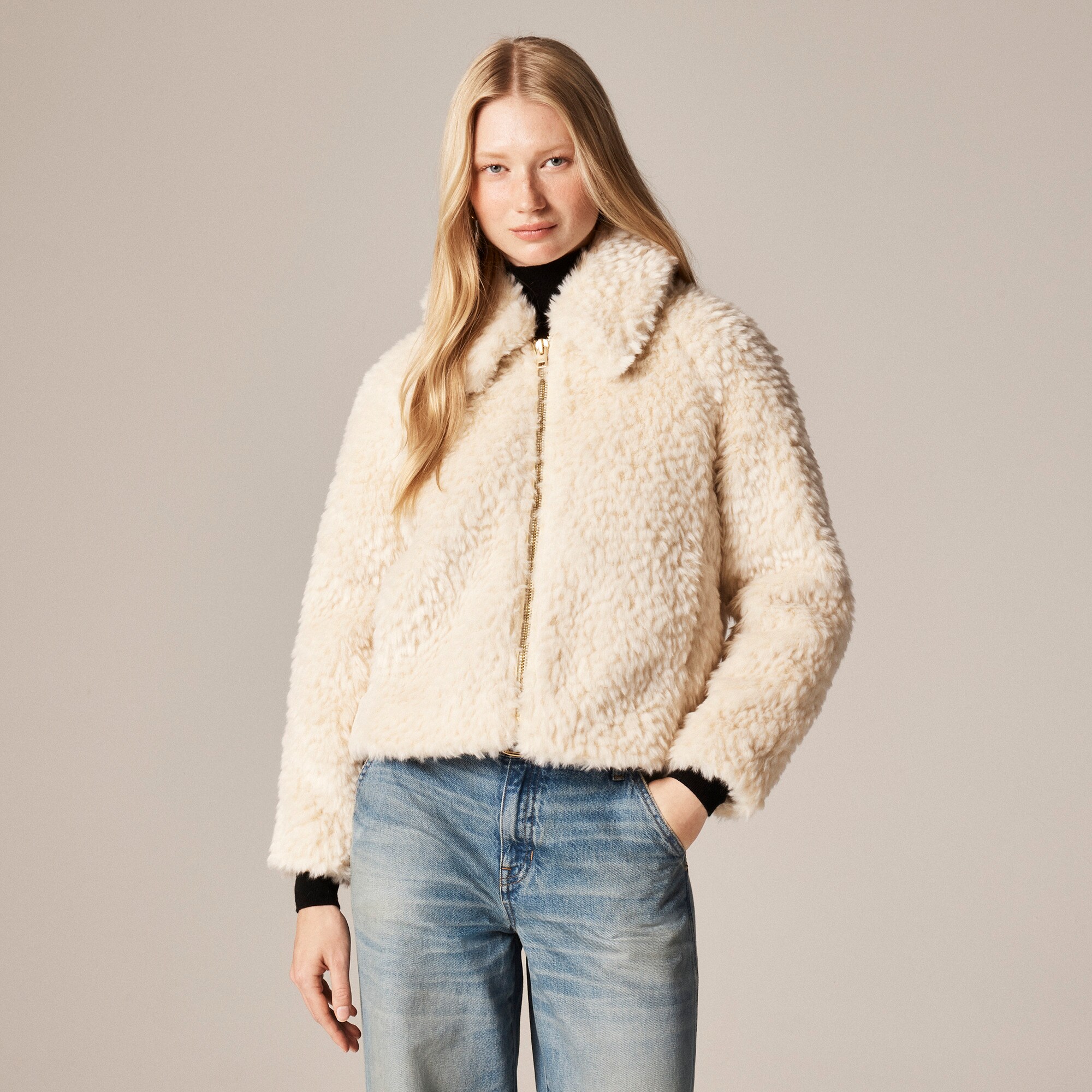 womens Zip-up jacket in textured faux fur