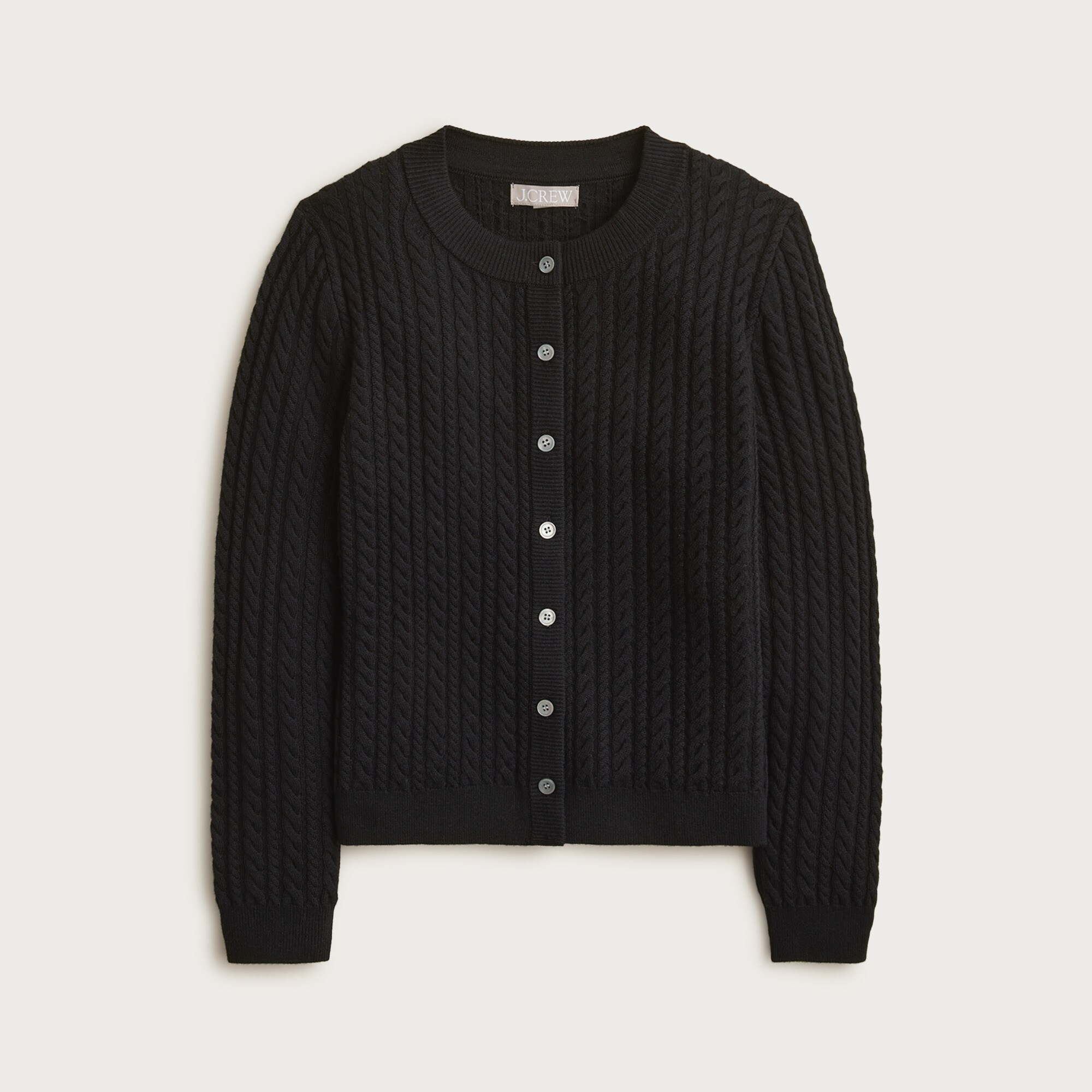 Cable-knit crewneck cardigan in merino wool
