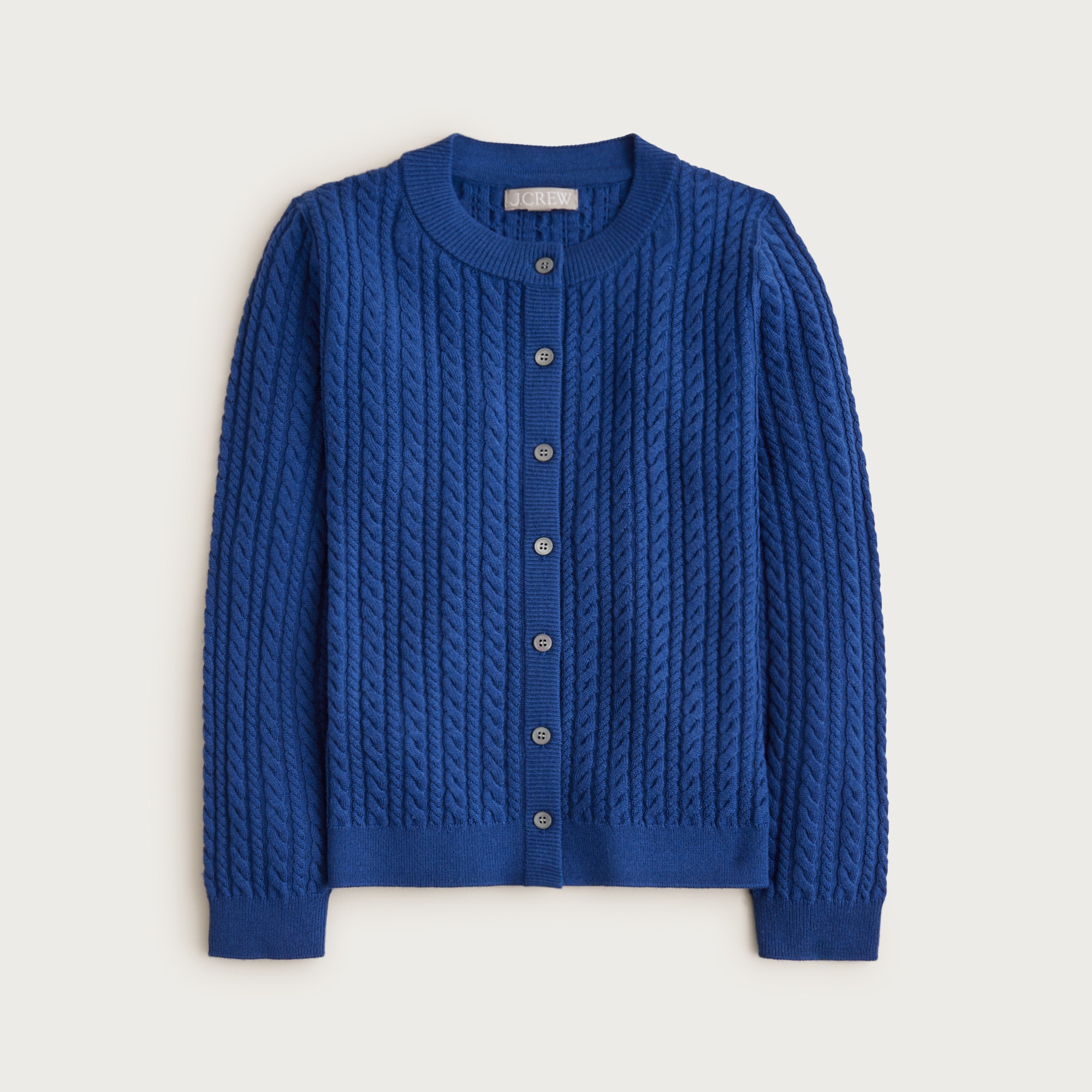Cable-knit crewneck cardigan in merino wool