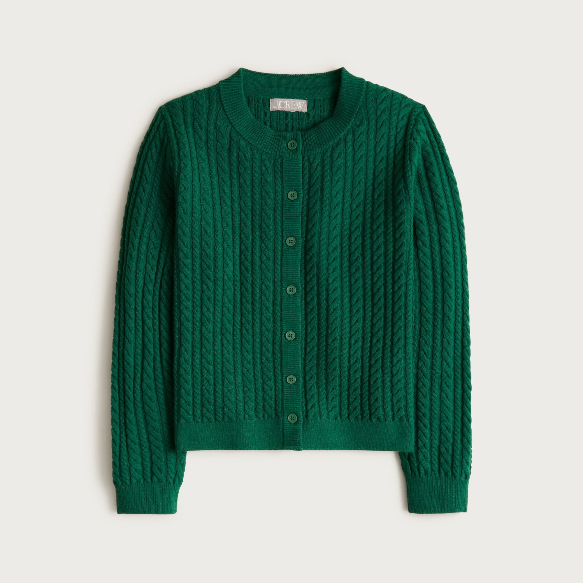  Cable-knit crewneck cardigan in merino wool