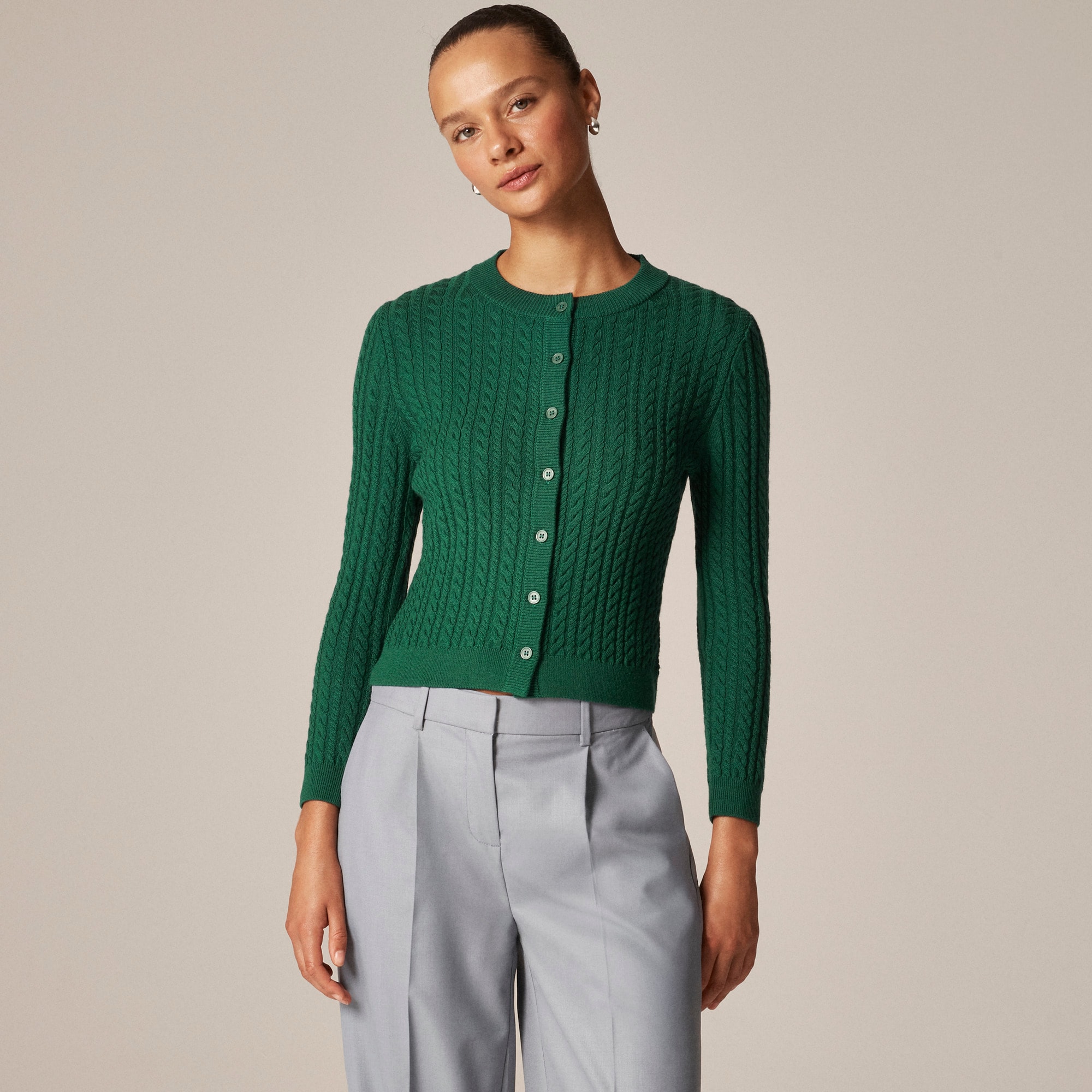 womens Cable-knit crewneck cardigan in merino wool