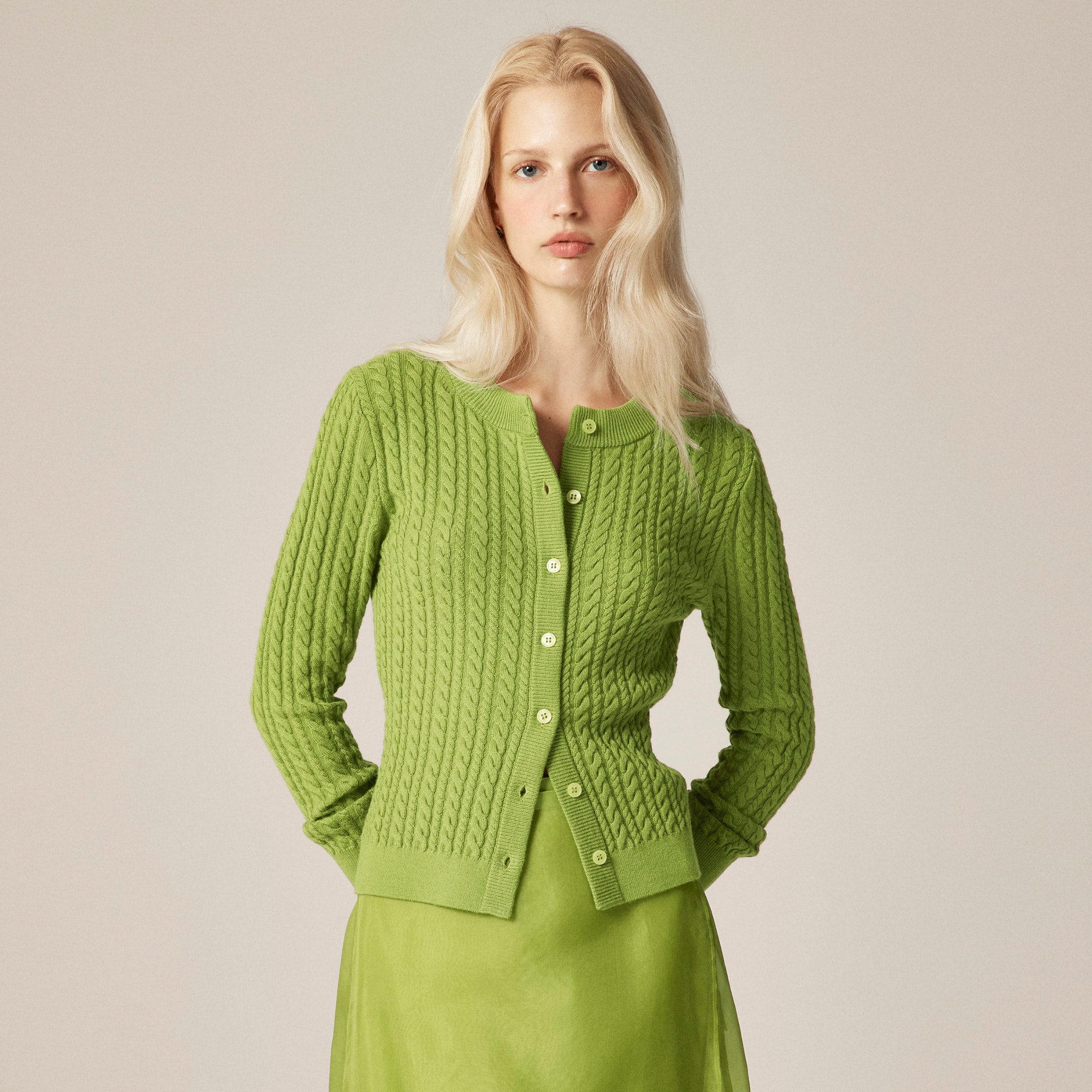 womens Cable-knit crewneck cardigan in merino wool