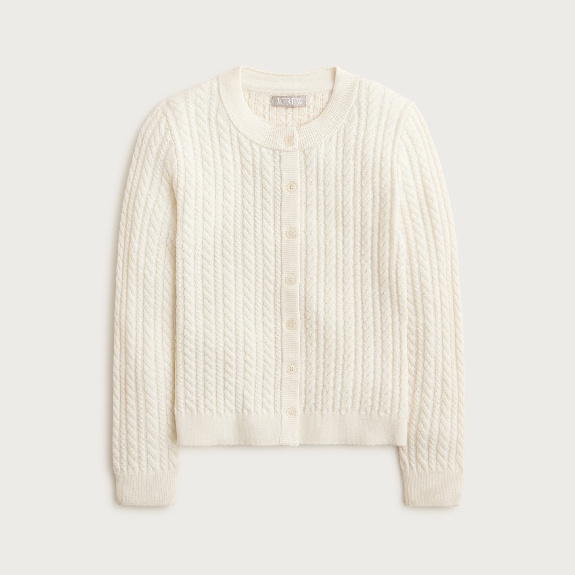 Cable-knit crewneck cardigan in merino wool