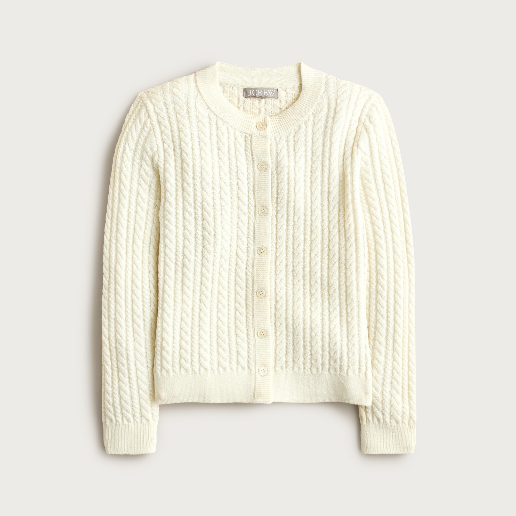  Cable-knit crewneck cardigan in merino wool