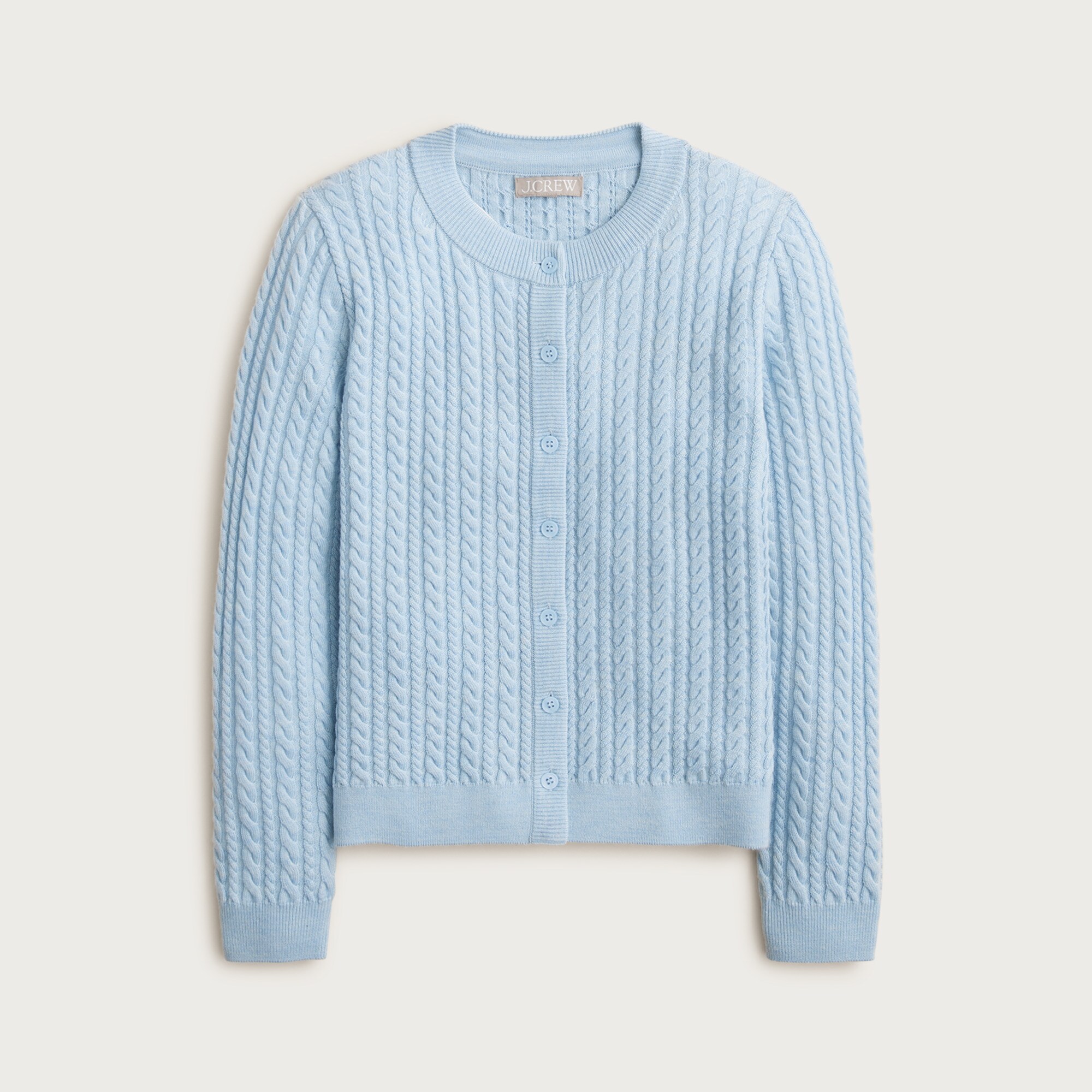 Cable-knit crewneck cardigan in merino wool