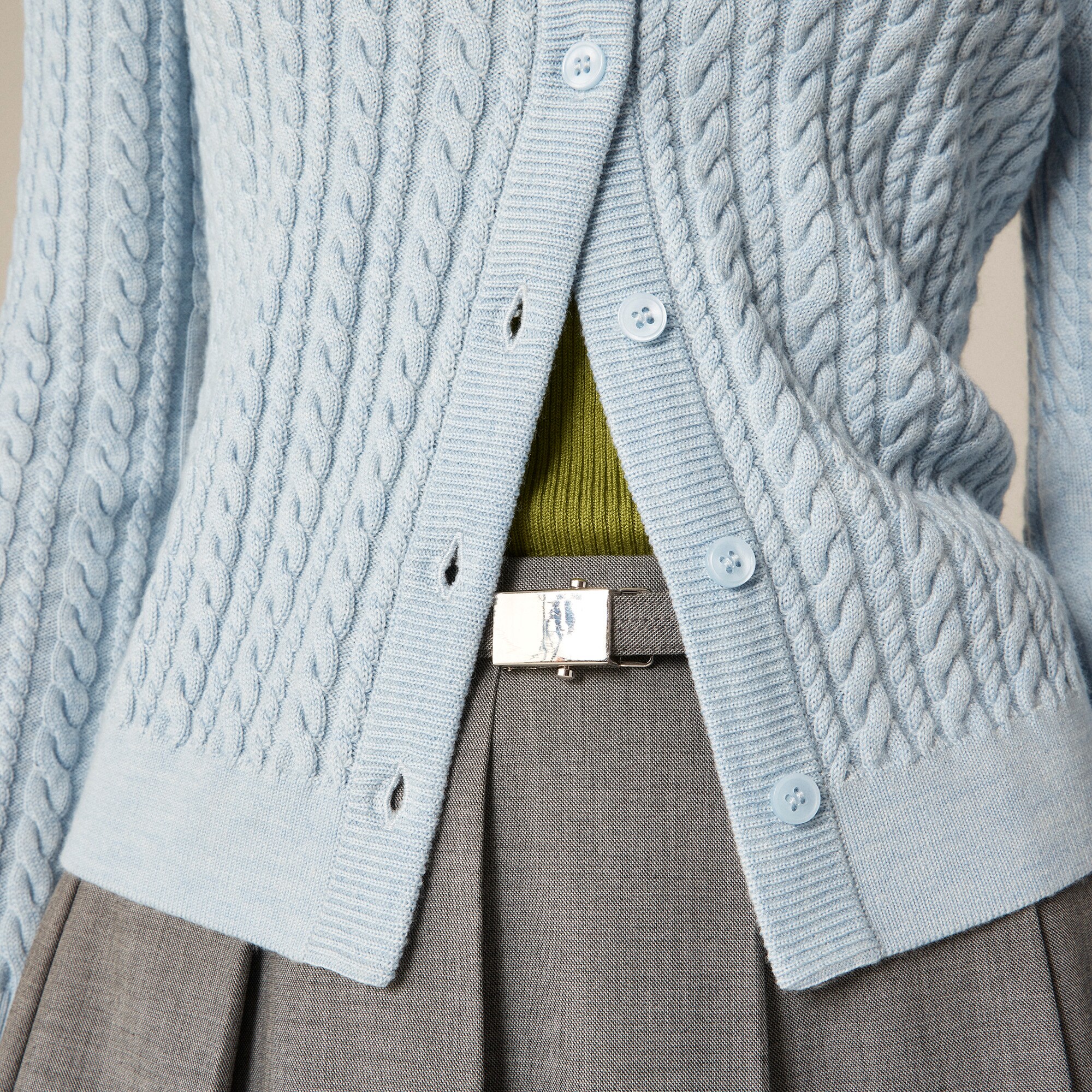 Cable-knit crewneck cardigan in merino wool