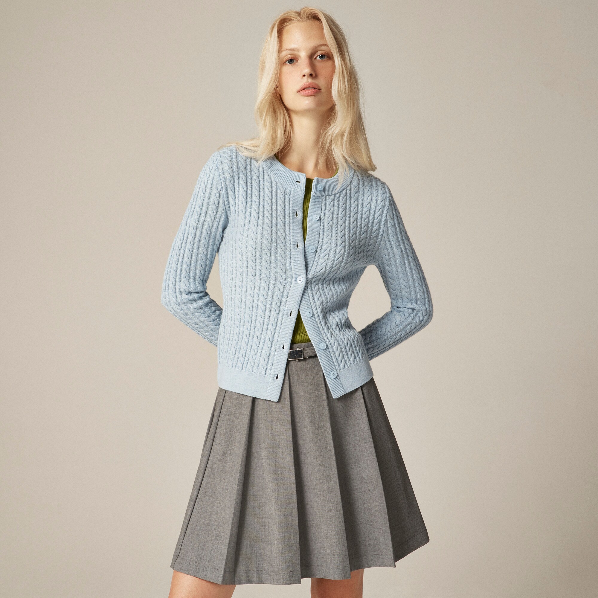 Cable-knit crewneck cardigan in merino wool