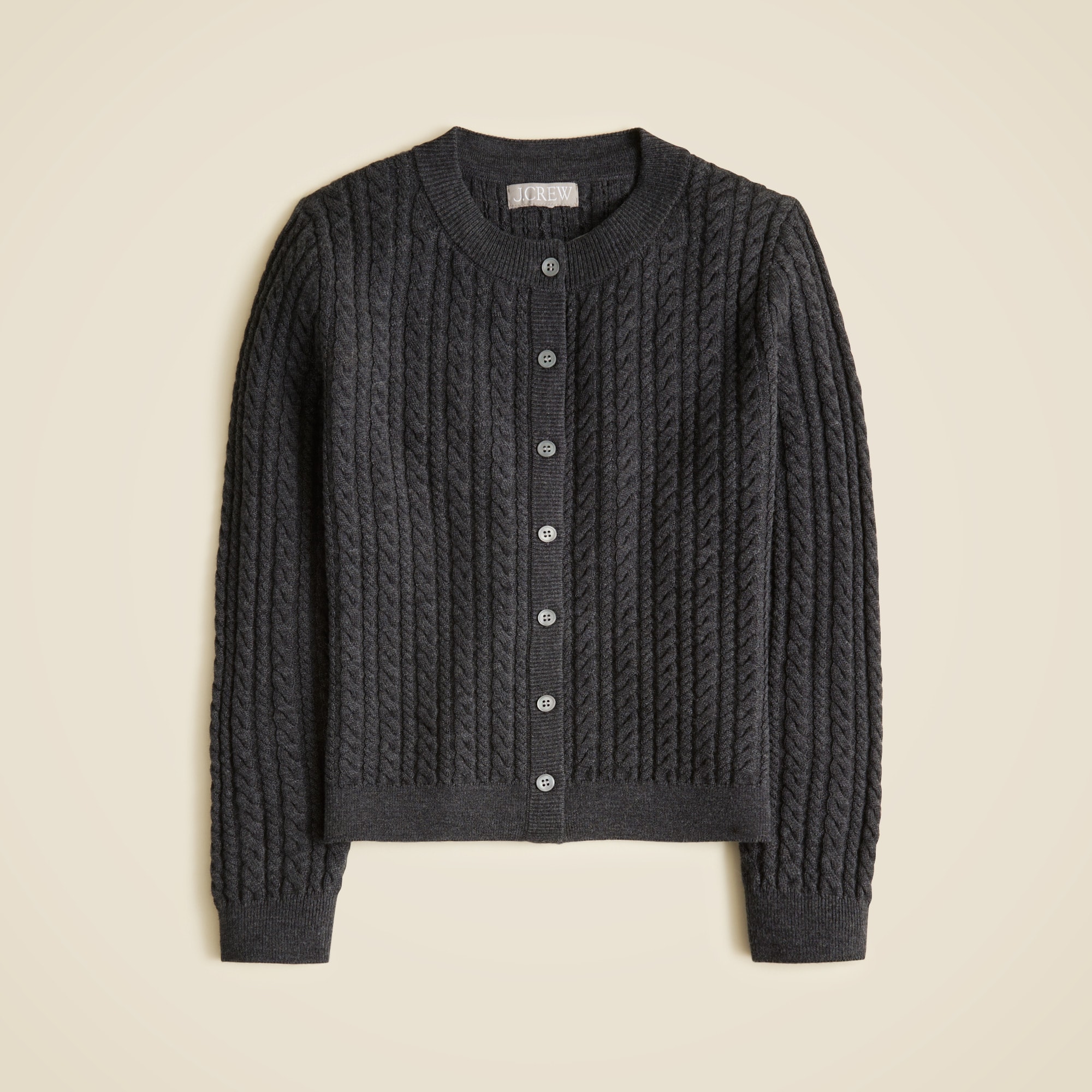  Cable-knit crewneck cardigan in merino wool