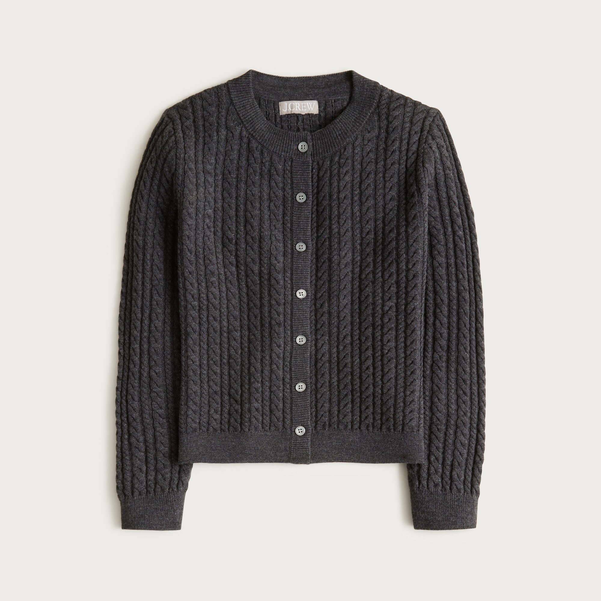 Cable-knit crewneck cardigan in merino wool