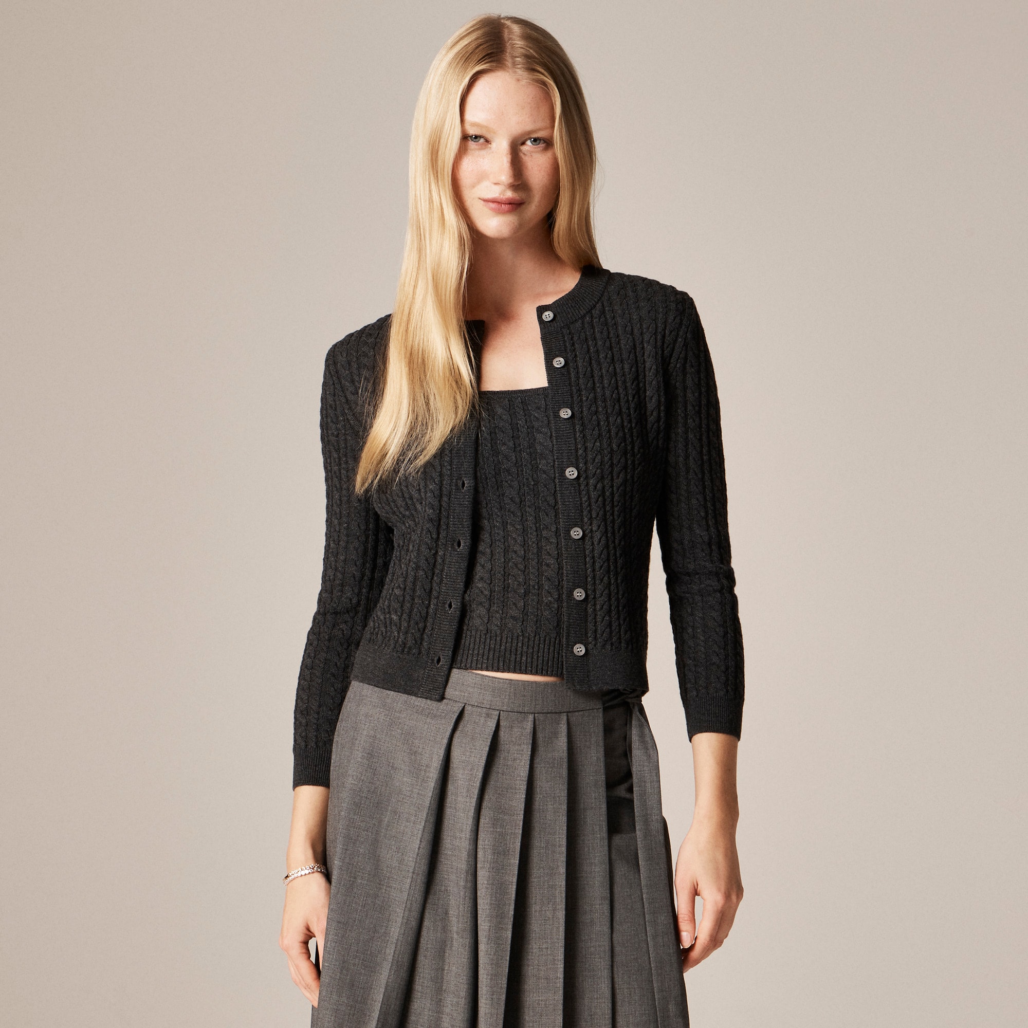  Cable-knit crewneck cardigan in merino wool