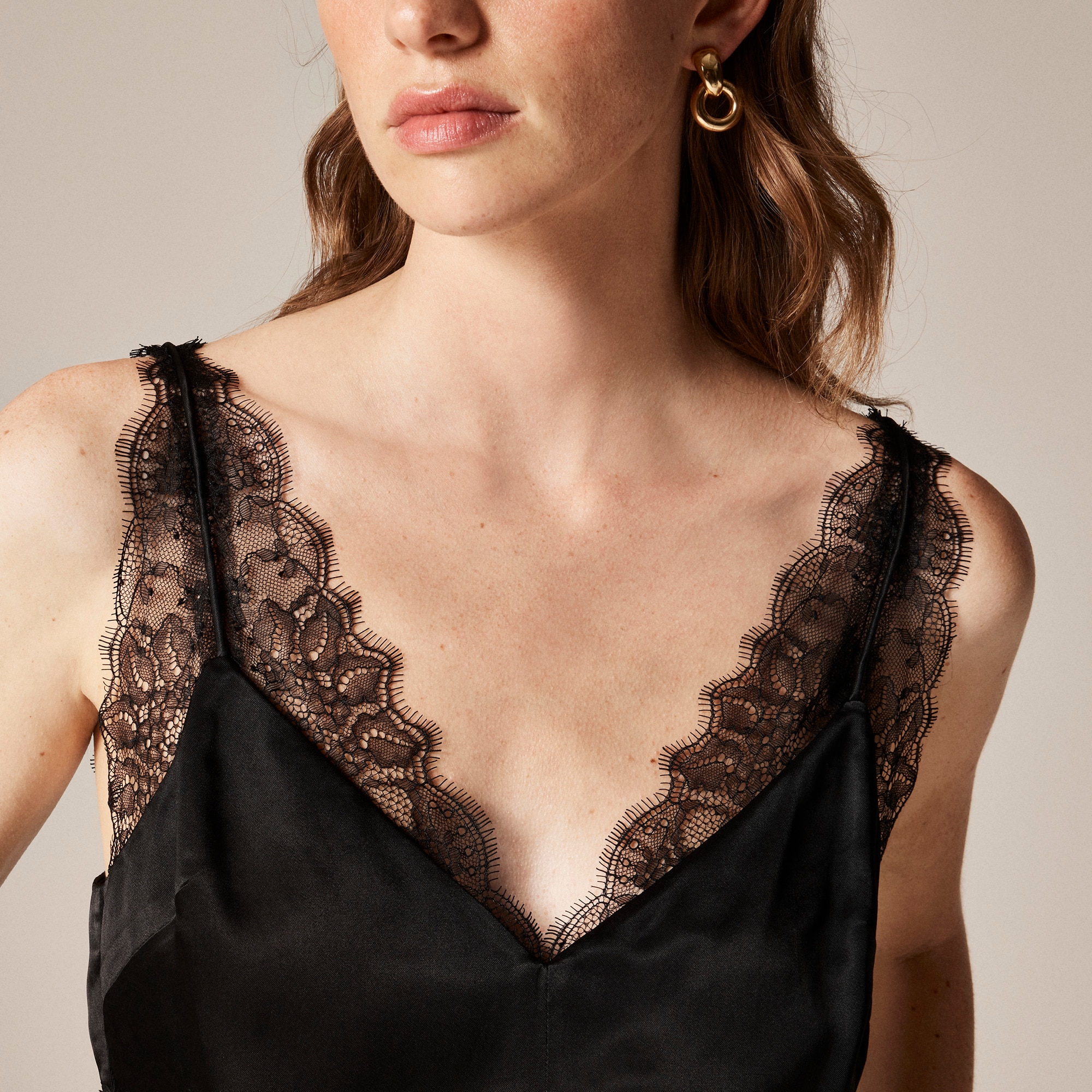 Lace-trim tank top in luster charmeuse