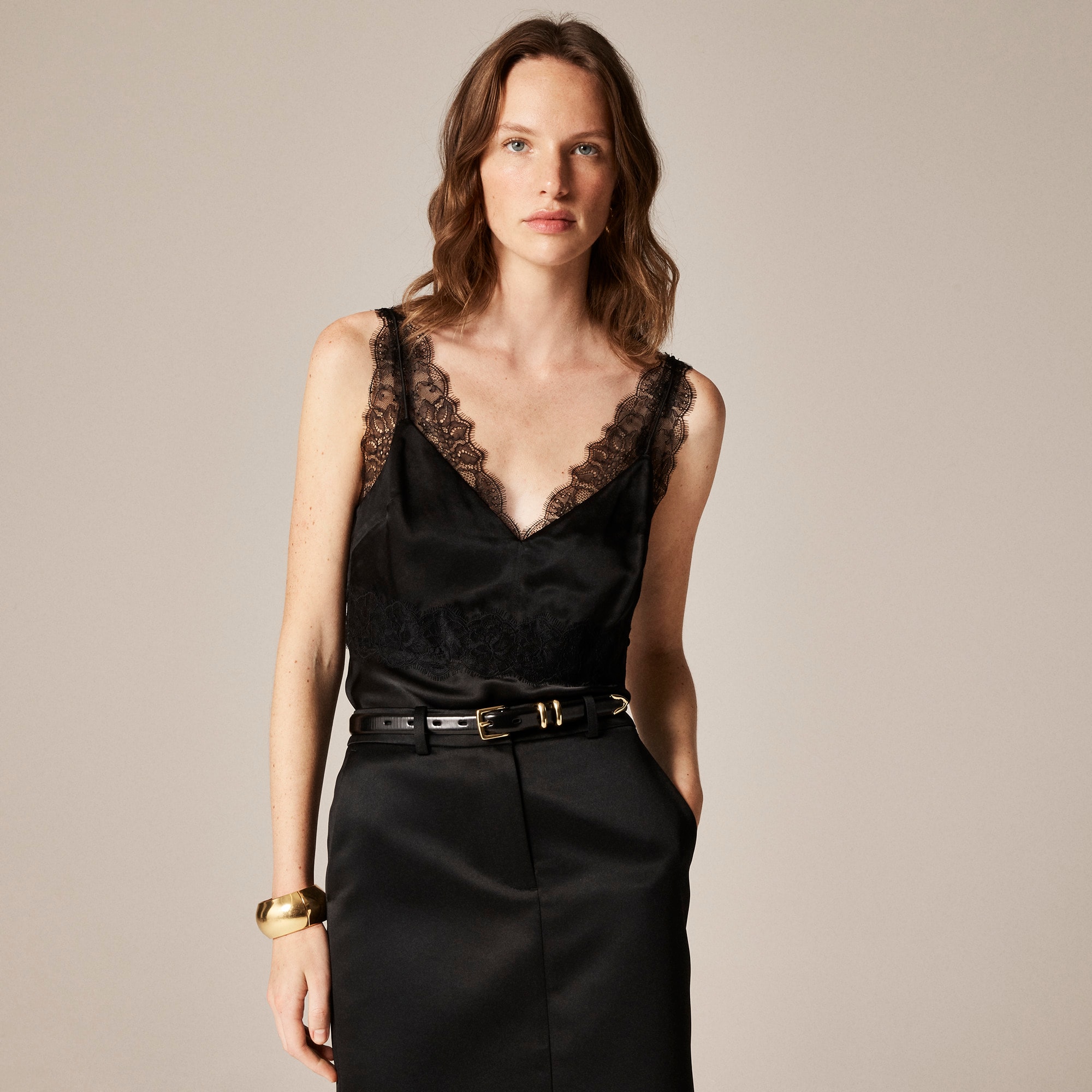  Lace-trim tank top in luster charmeuse