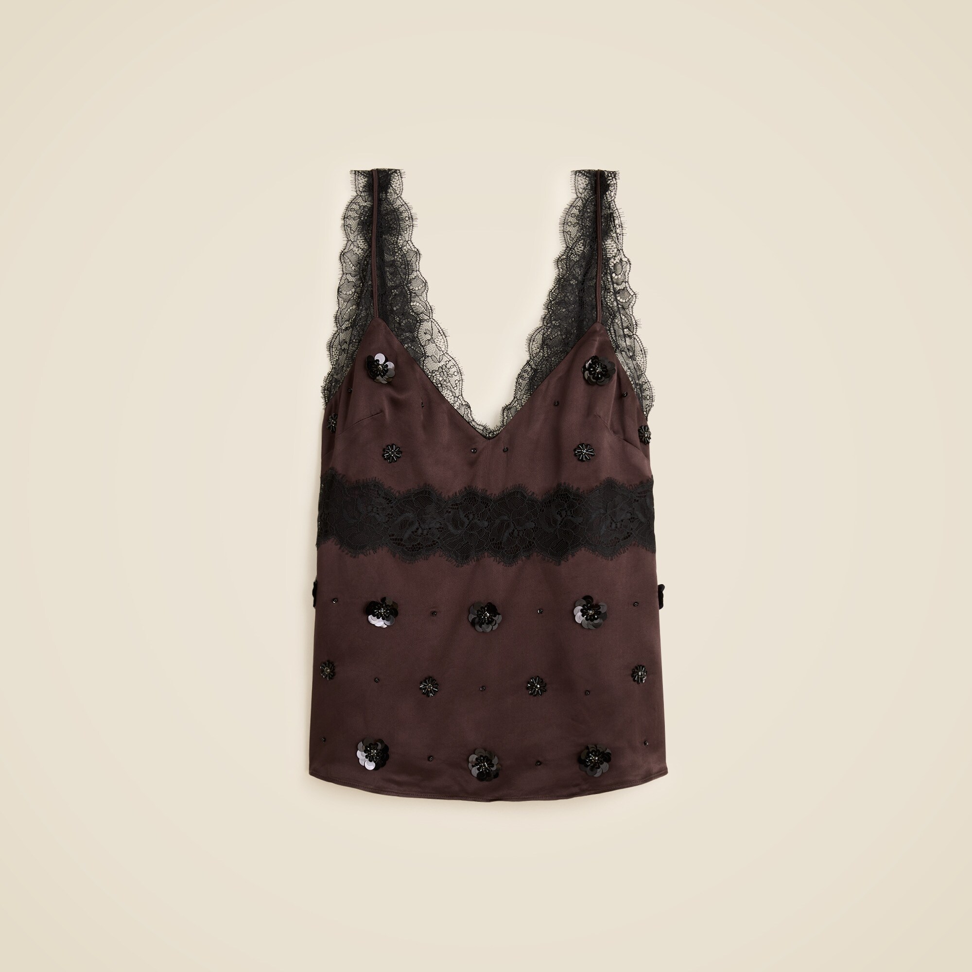 Embellished lace-trim tank top in luster charmeuse