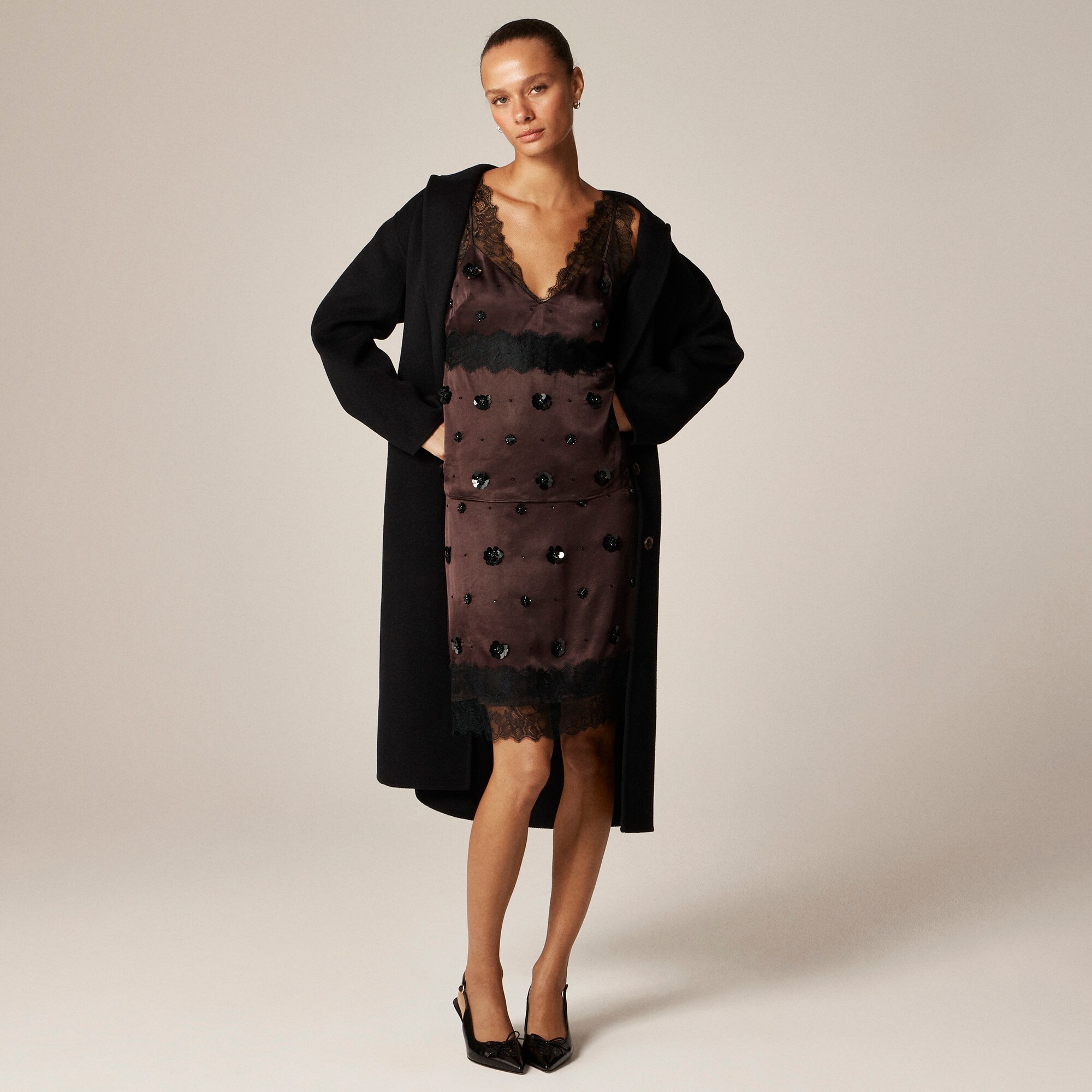 Embellished lace-trim tank top in luster charmeuse