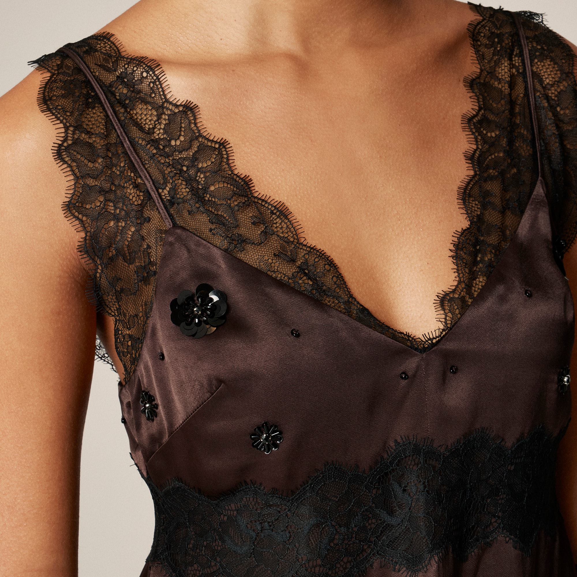 Embellished lace-trim tank top in luster charmeuse