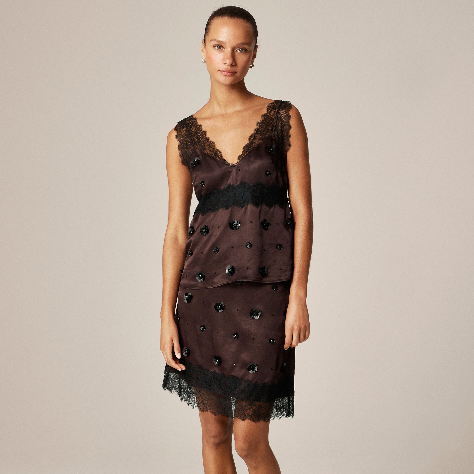 womens Embellished lace-trim tank top in luster charmeuse