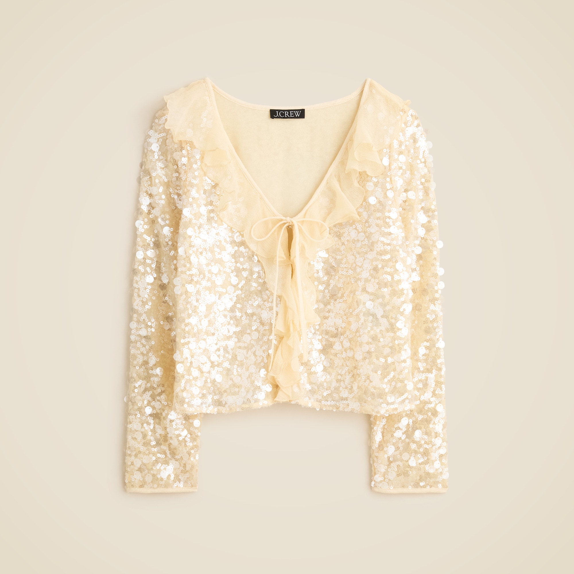 Embellished ruffle-trim sequin long-sleeve shirt