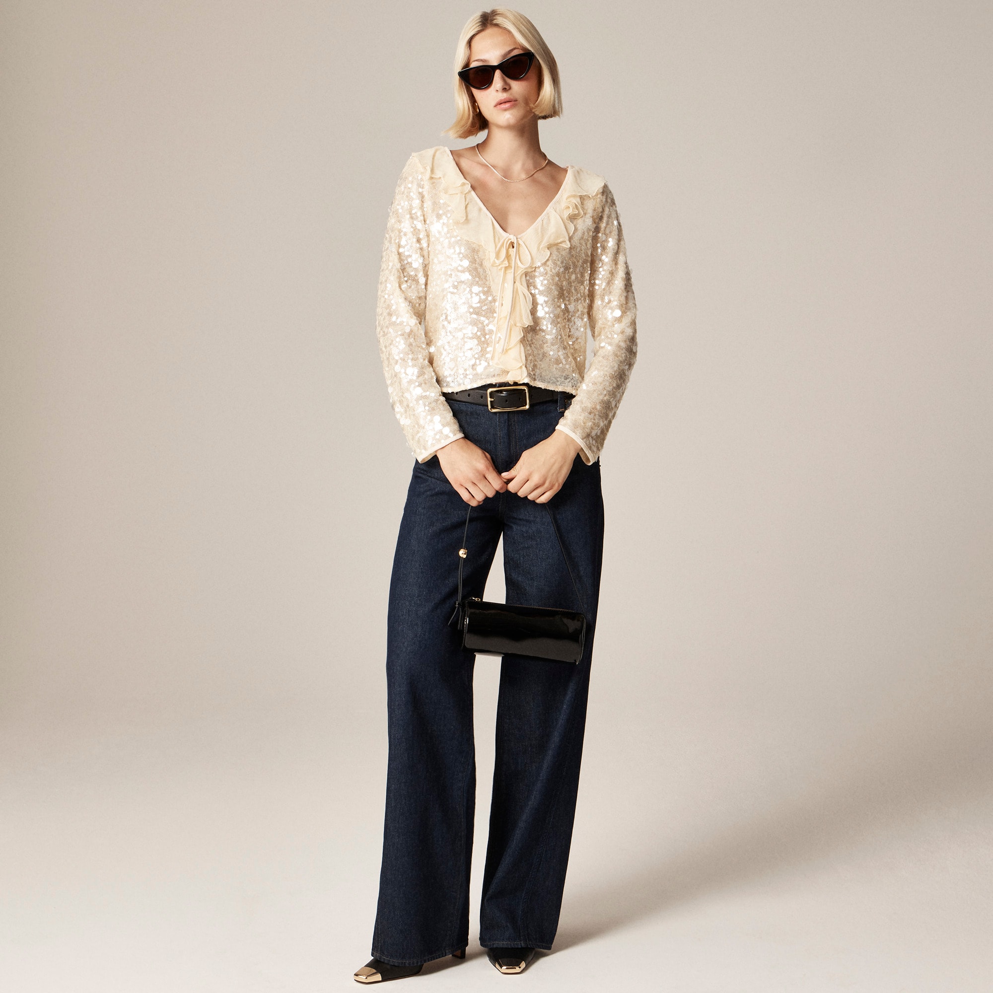 Embellished ruffle-trim sequin long-sleeve shirt